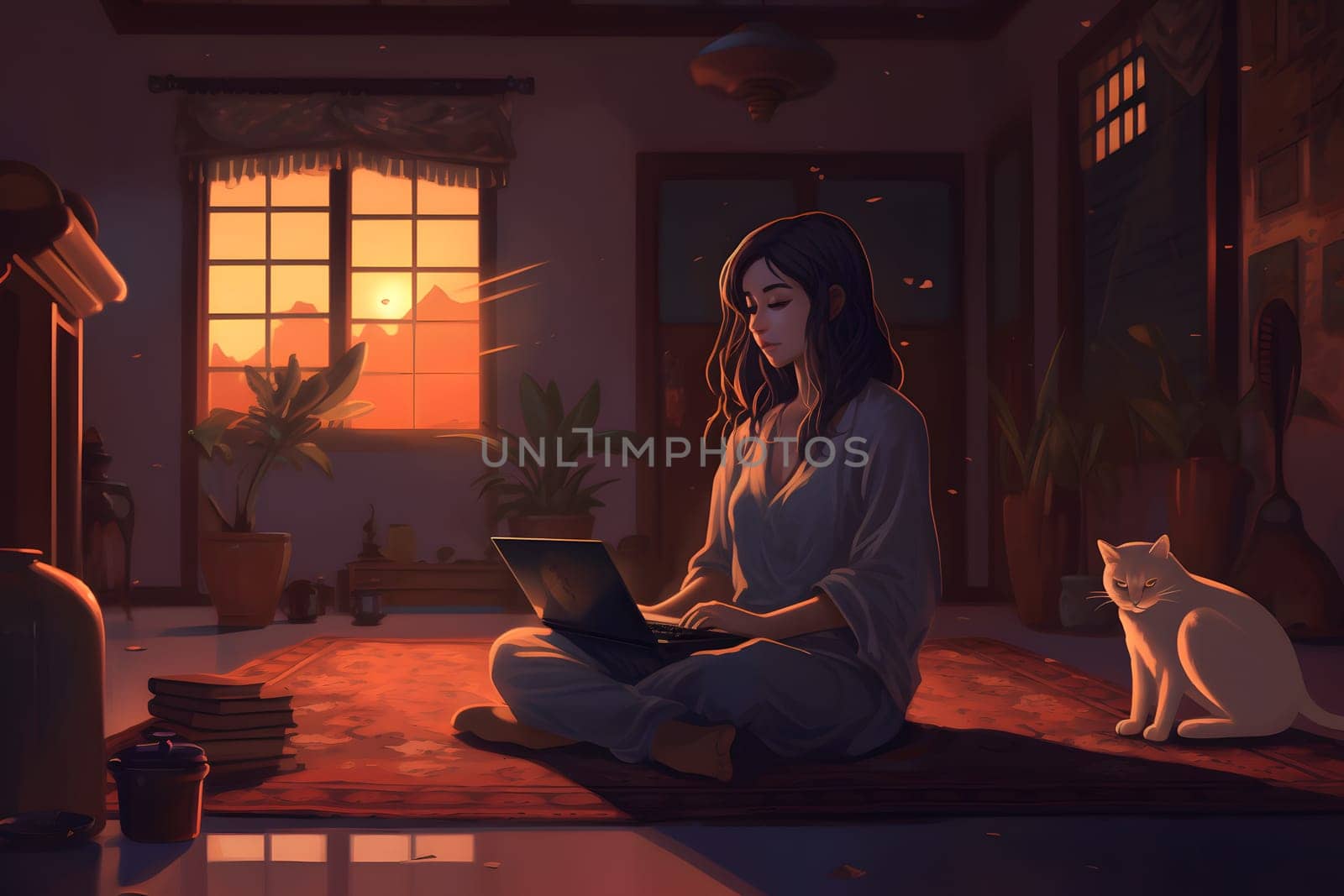 asian woman with laptop sitting on the floor of domestic room at sunrise or sunset. Neural network generated in May 2023. Not based on any actual person, scene or pattern.