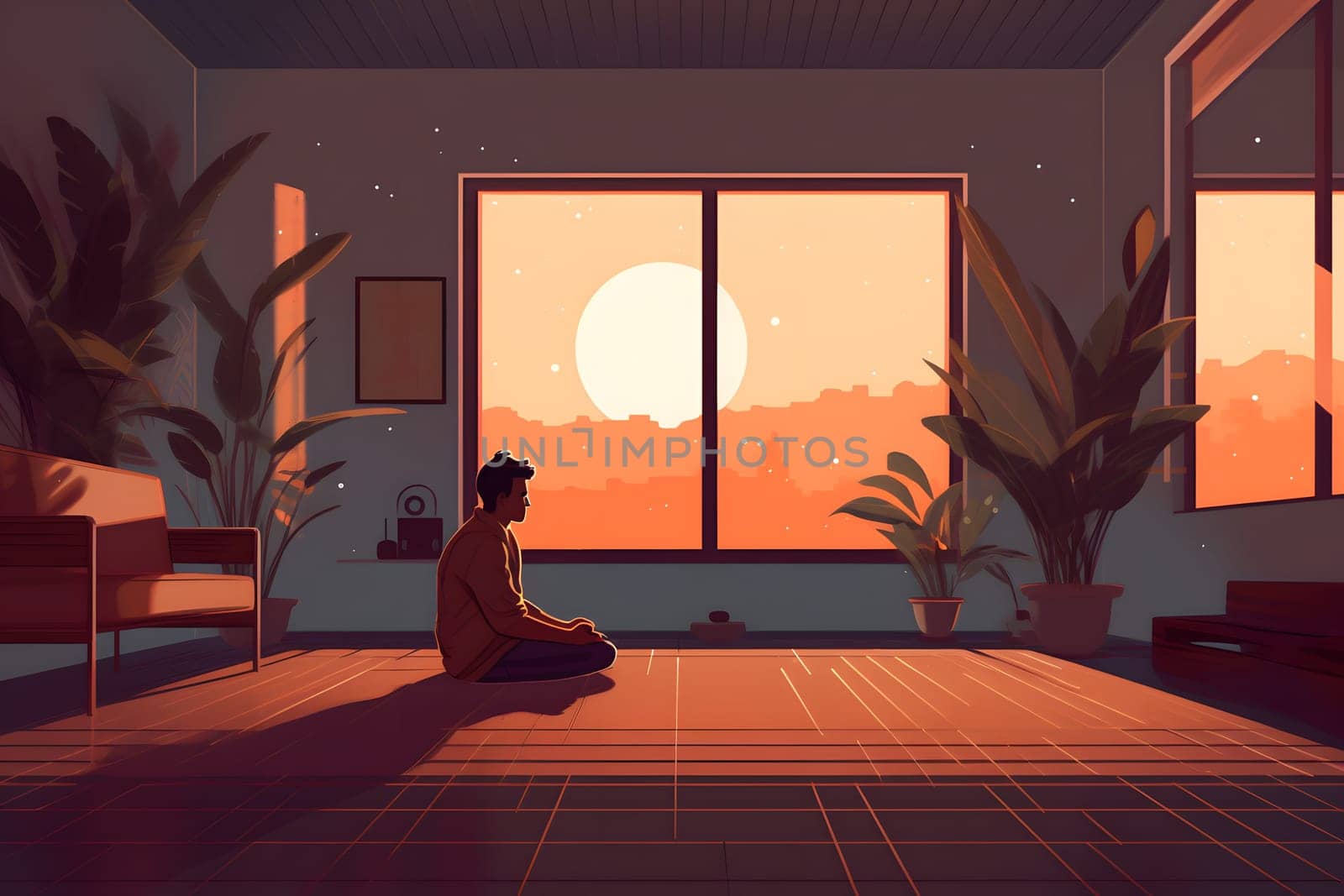 man sitting and meditating on the floor of domestic room at sunny morning. Neural network generated in May 2023. Not based on any actual person, scene or pattern.