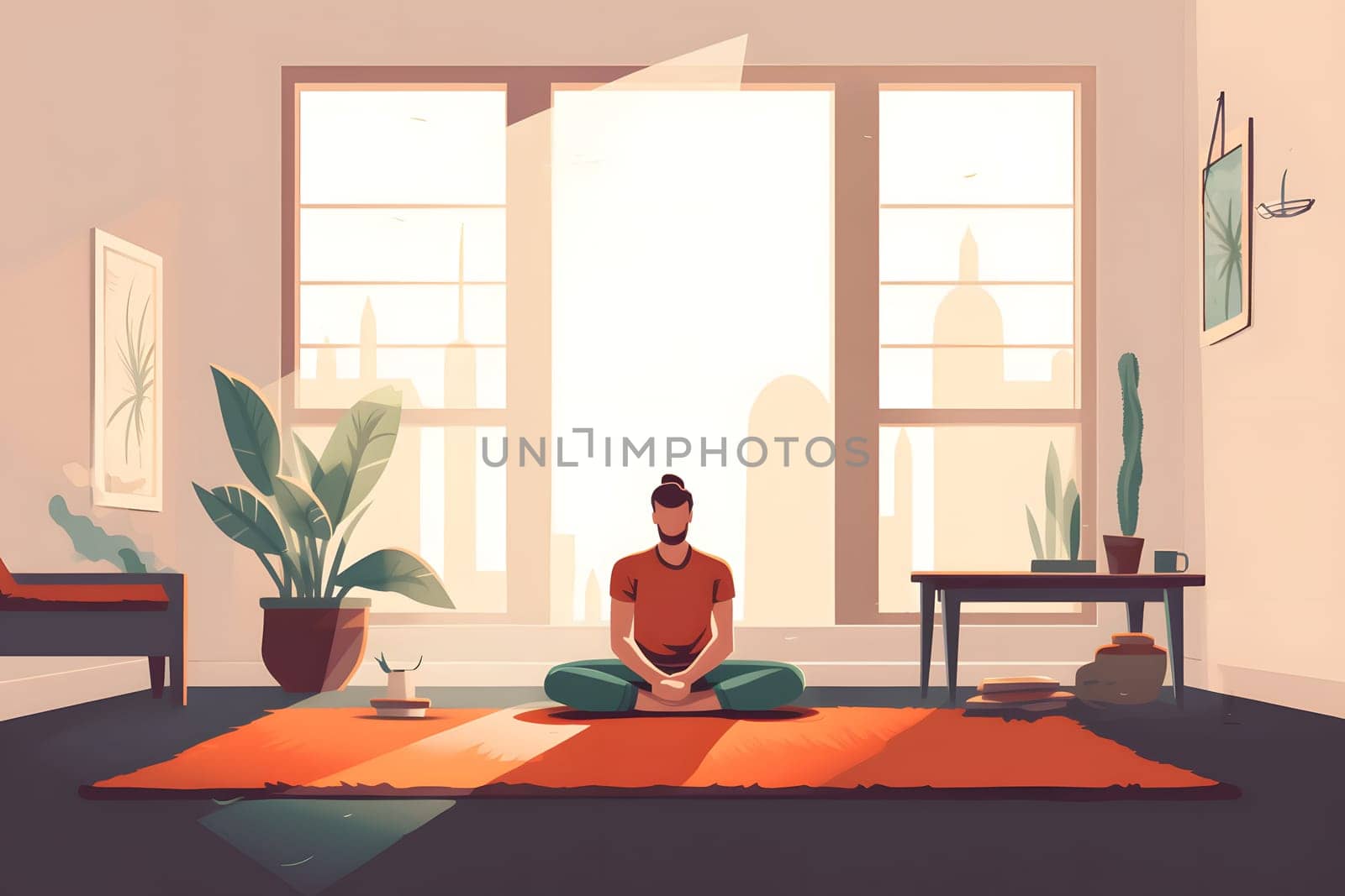 man sitting and meditating on the floor of domestic room at sunny morning, neural network generated 2d style image by z1b