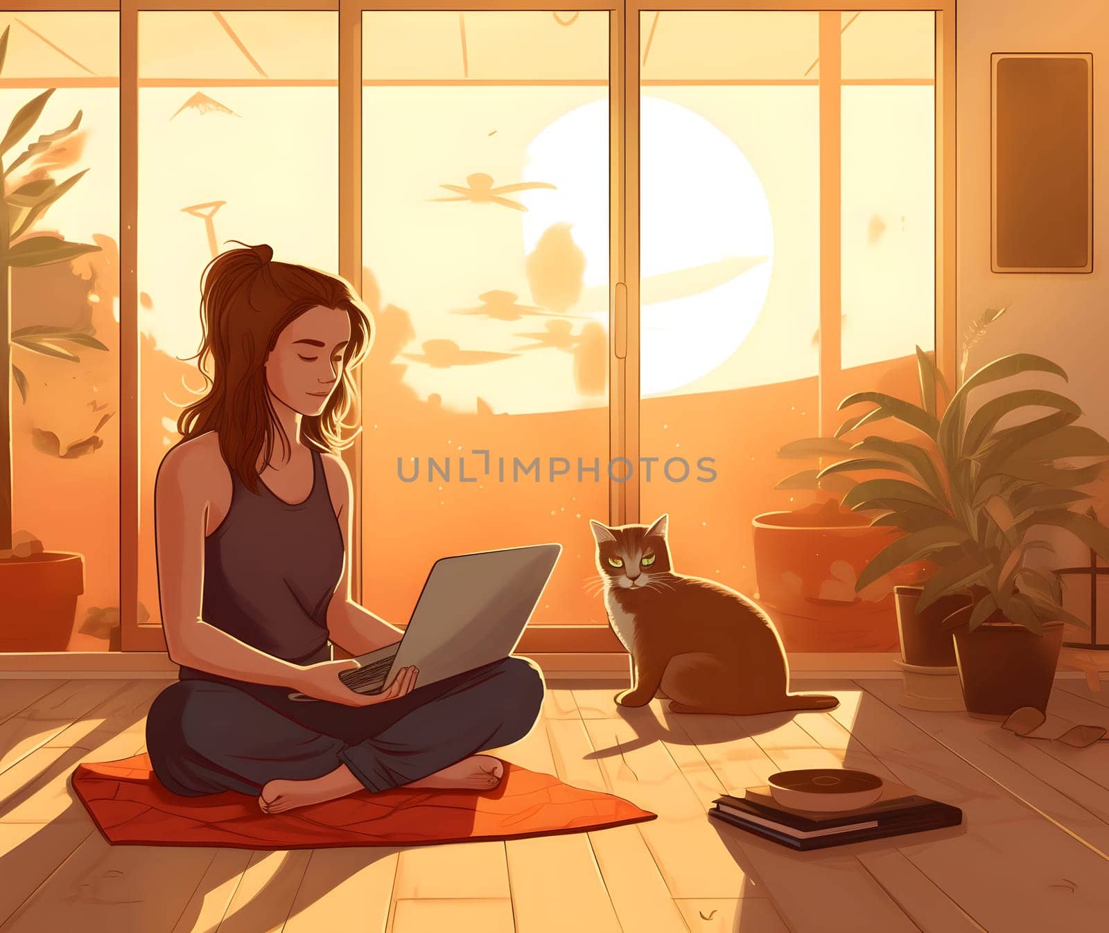 brunette woman with laptop sitting on the floor of domestic room at sunrise or sunset. Neural network generated in May 2023. Not based on any actual person, scene or pattern.