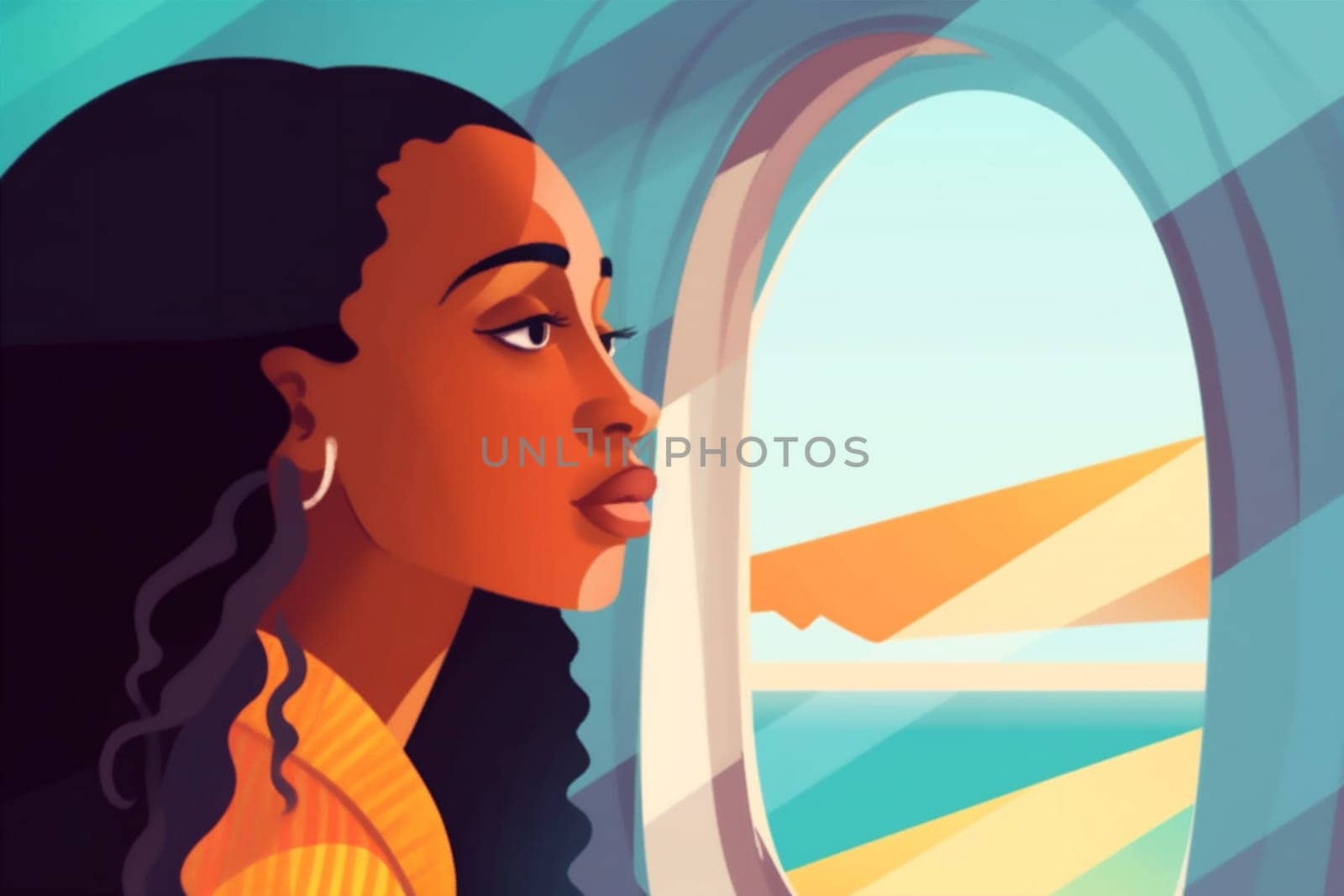 transportation woman passenger seat comfort trip young holiday vacation illustration porthole plane window travel tourist flight train transport character journey muslim. Generative AI.