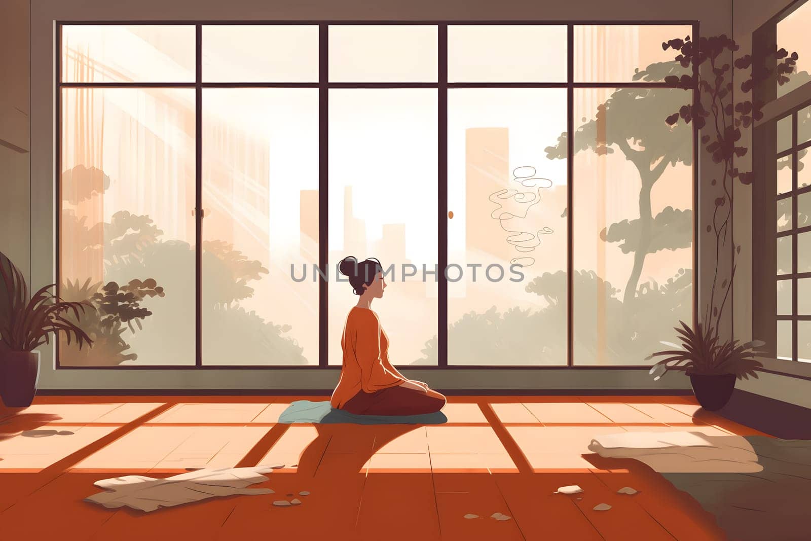 woman sitting on the floor of domestic asian style room at sunrise or sunset. Neural network generated in May 2023. Not based on any actual person, scene or pattern.