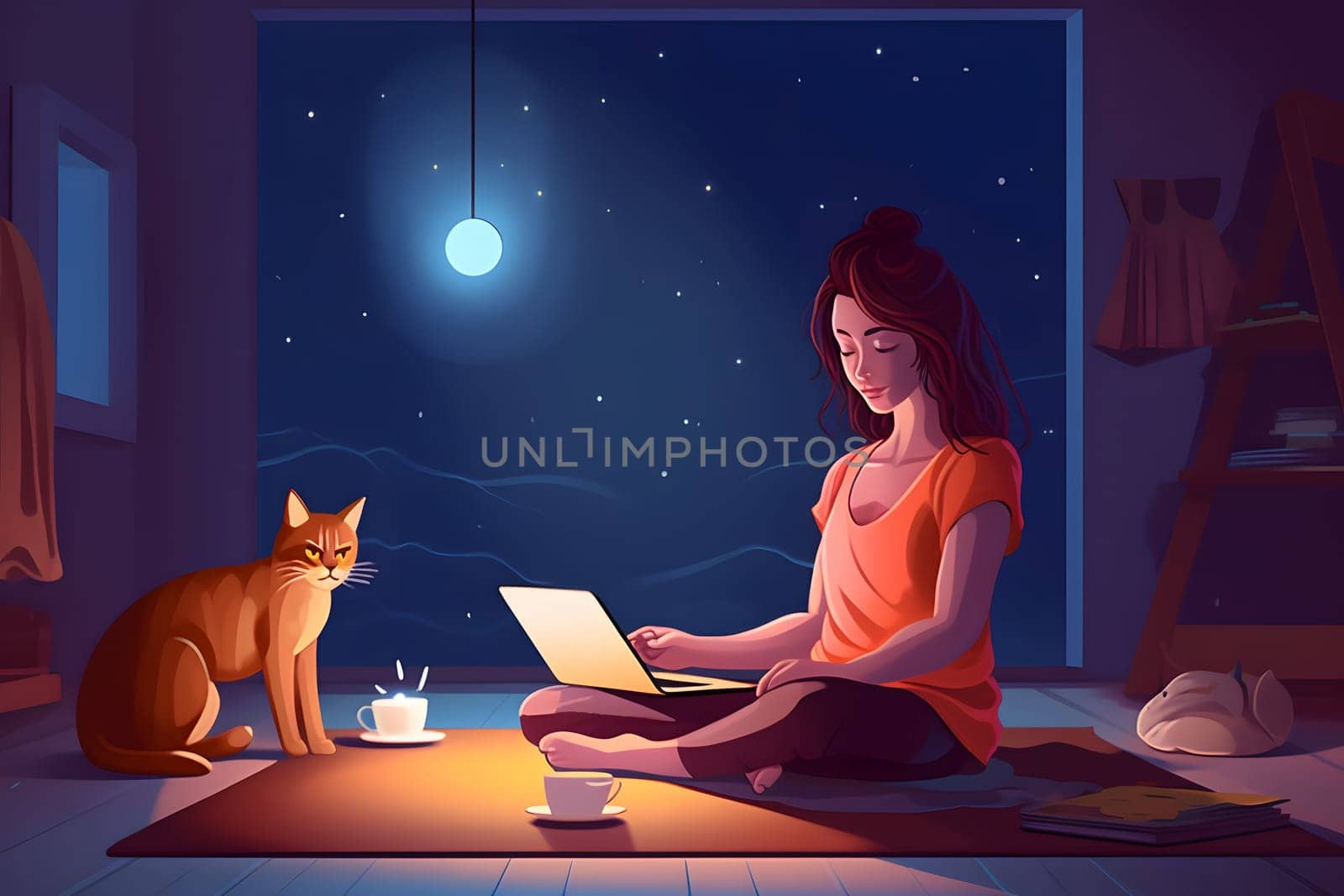 pretty young caucasian woman sitting and working with laptop on the floor of domestic room at night. Neural network generated in May 2023. Not based on any actual person, scene or pattern.