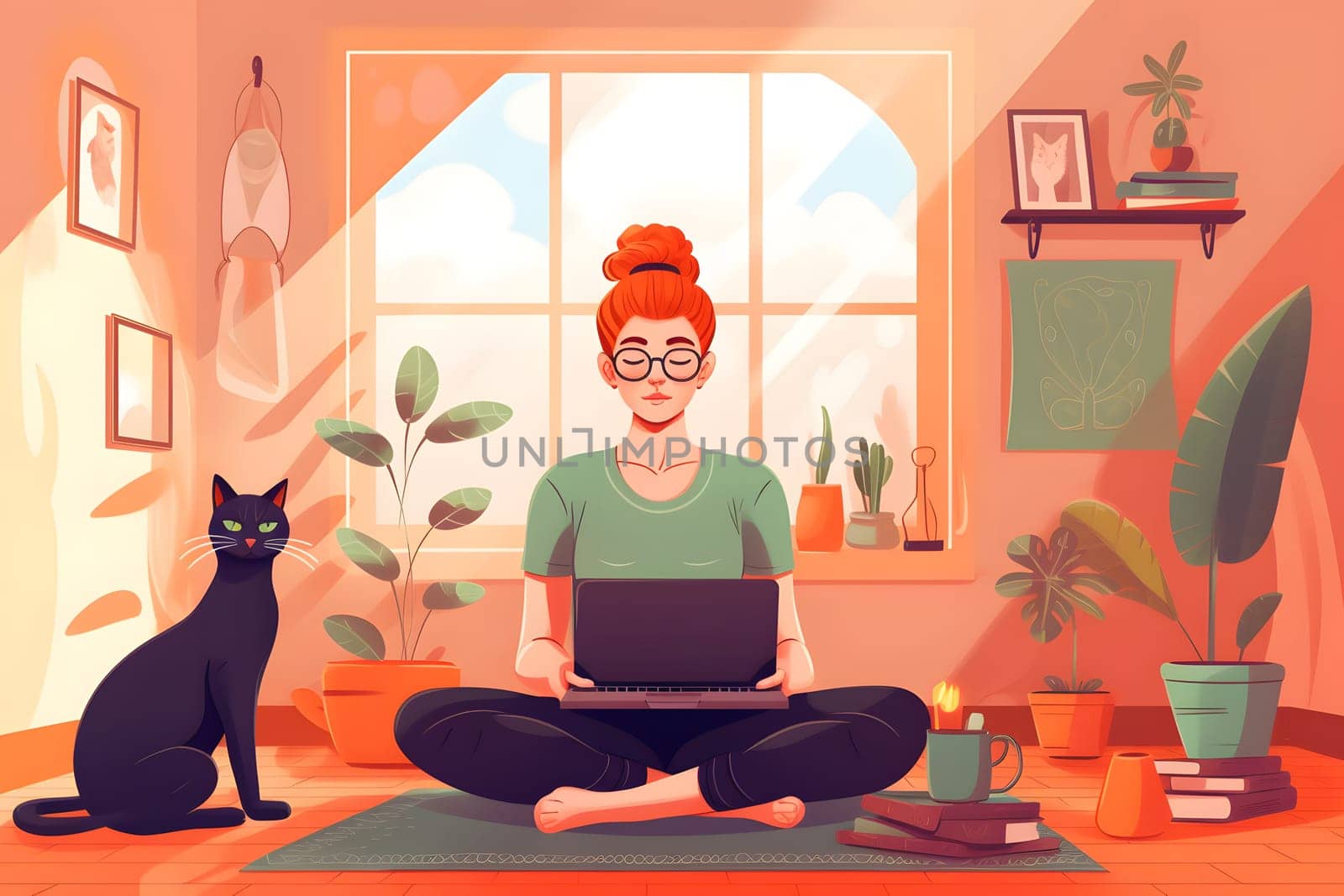 young adult red haired woman with laptop sitting on the floor of domestic room in lotus position. Neural network generated in May 2023. Not based on any actual person, scene or pattern.