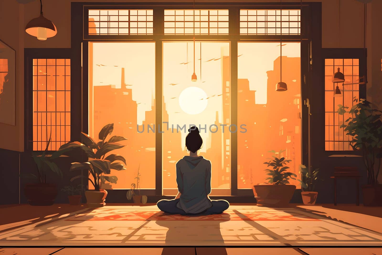 woman sitting on the floor of domestic asian style room at sunrise or sunset, neural network generated 2d style image by z1b