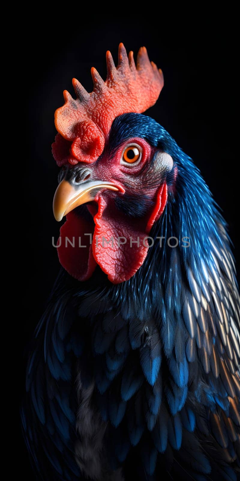 gorgeous colorful rooster close portrait on black background. Neural network generated in May 2023. Not based on any actual person, scene or pattern.