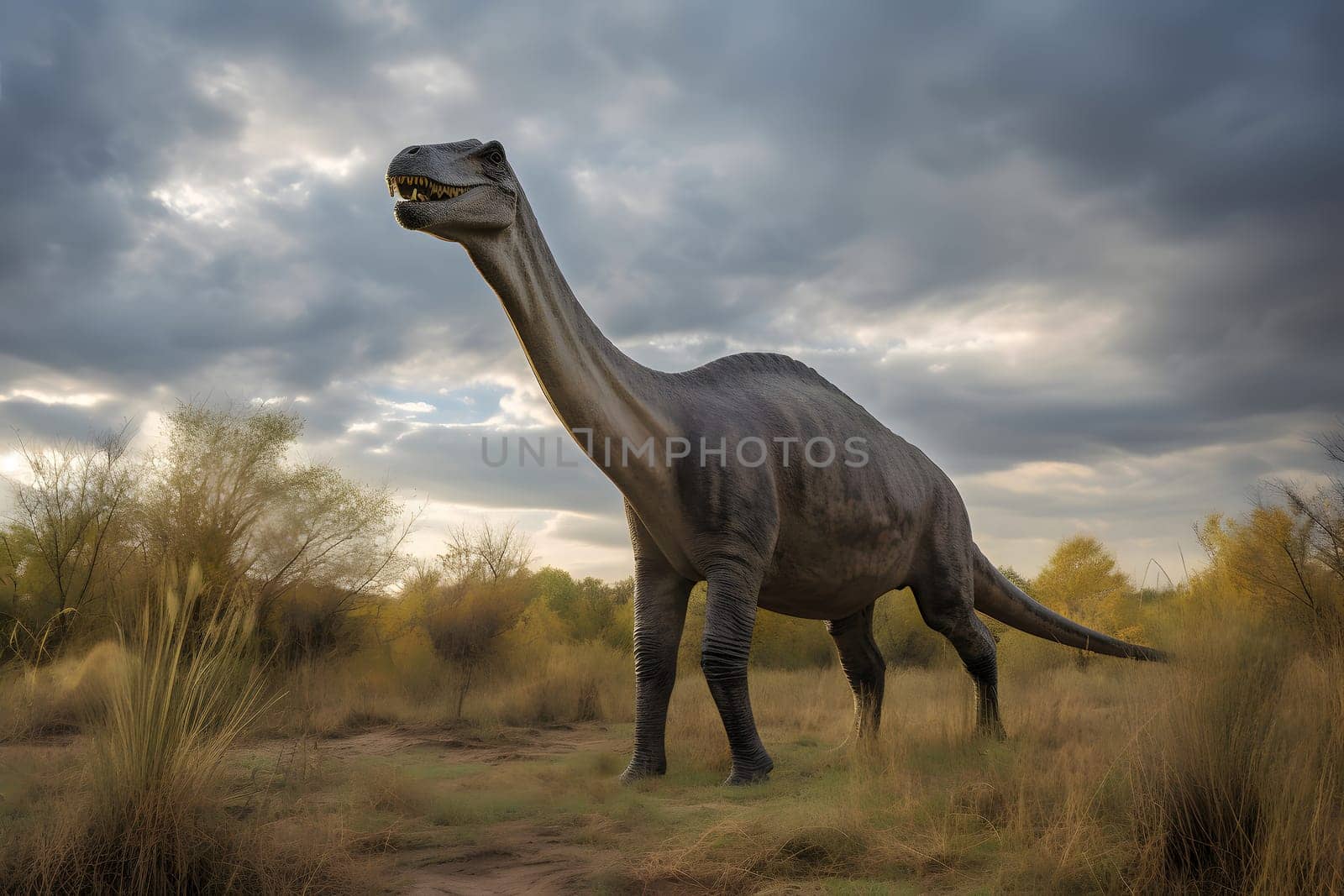 Brontosaurus wide angle view full body portrait at summer day light, neural network generated photorealistic image by z1b