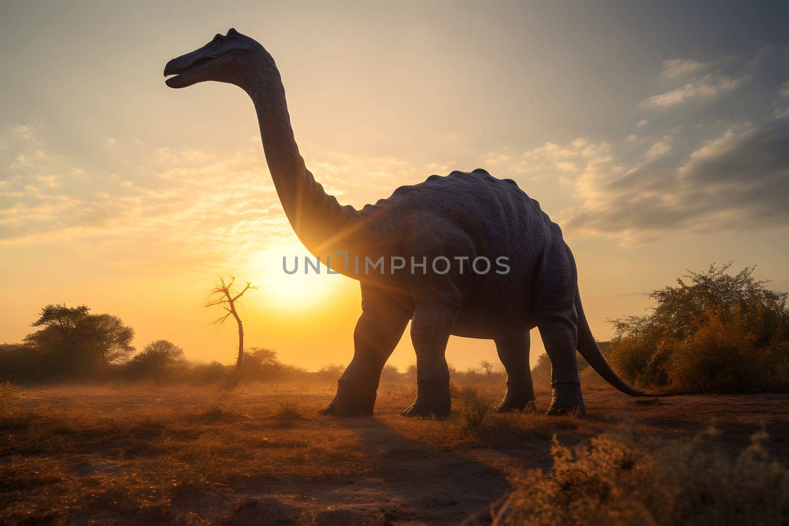 Brontosaurus wide angle view full body portrait at summer day light. Neural network generated in May 2023. Not based on any actual scene or pattern.