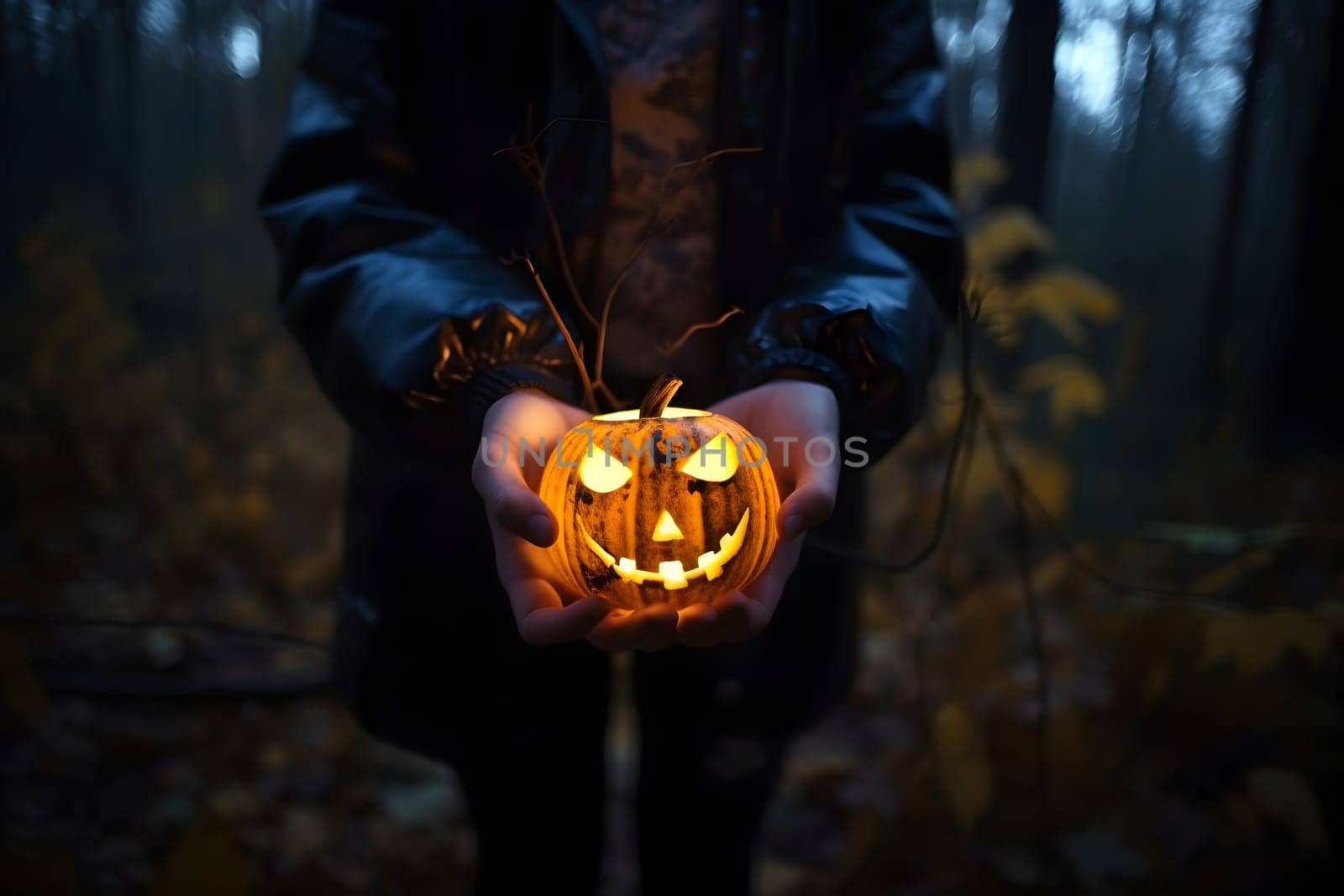 Close-up of woman hands holding illuminated jack-o-lantern in evening autumnal forest. Neural network generated in May 2023. Not based on any actual person, scene or pattern.