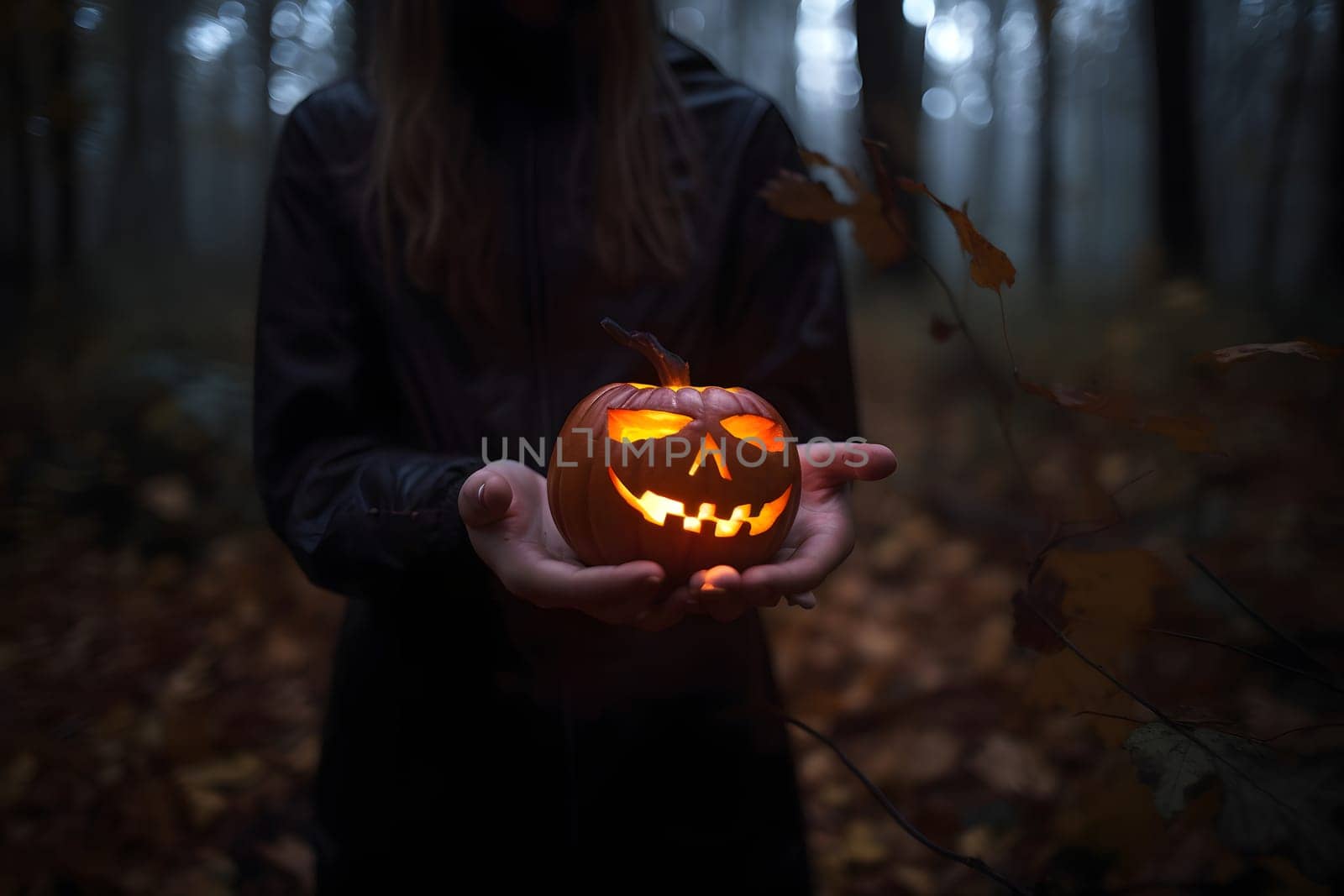 Close-up of woman hands holding illuminated jack-o-lantern in evening autumnal forest. Neural network generated in May 2023. Not based on any actual person, scene or pattern.