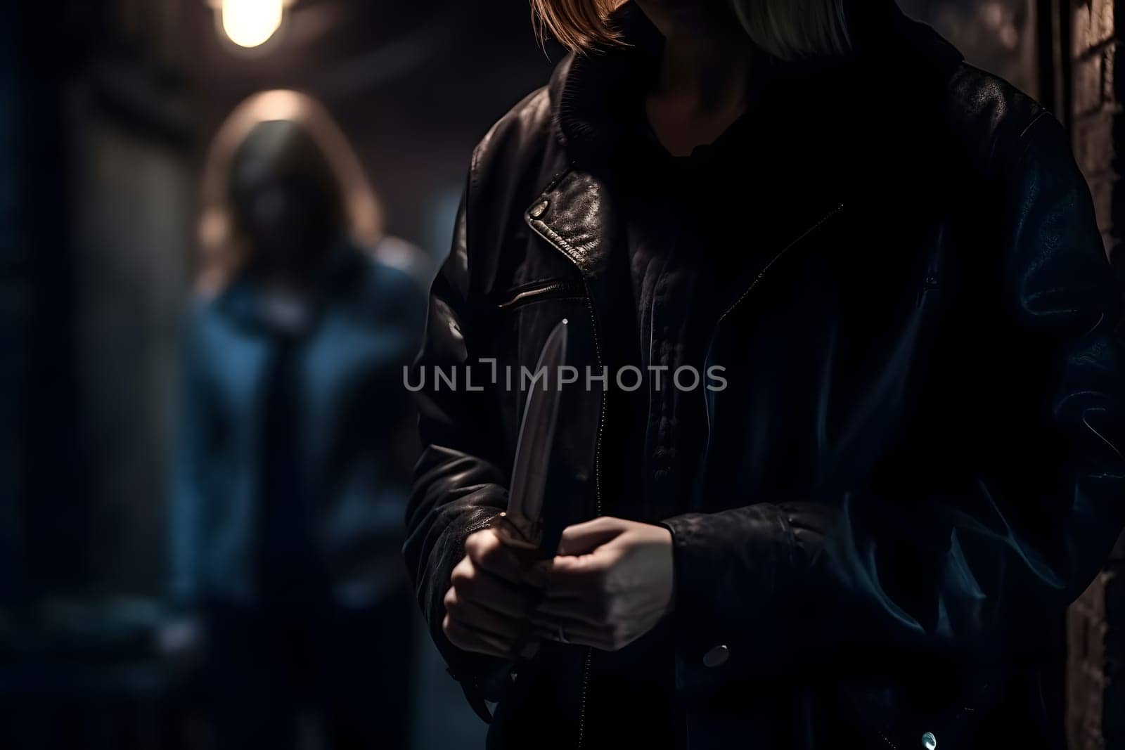 closeup view of of woman holding knife in hand in dark backalley. Neural network generated in May 2023. Not based on any actual person, scene or pattern.