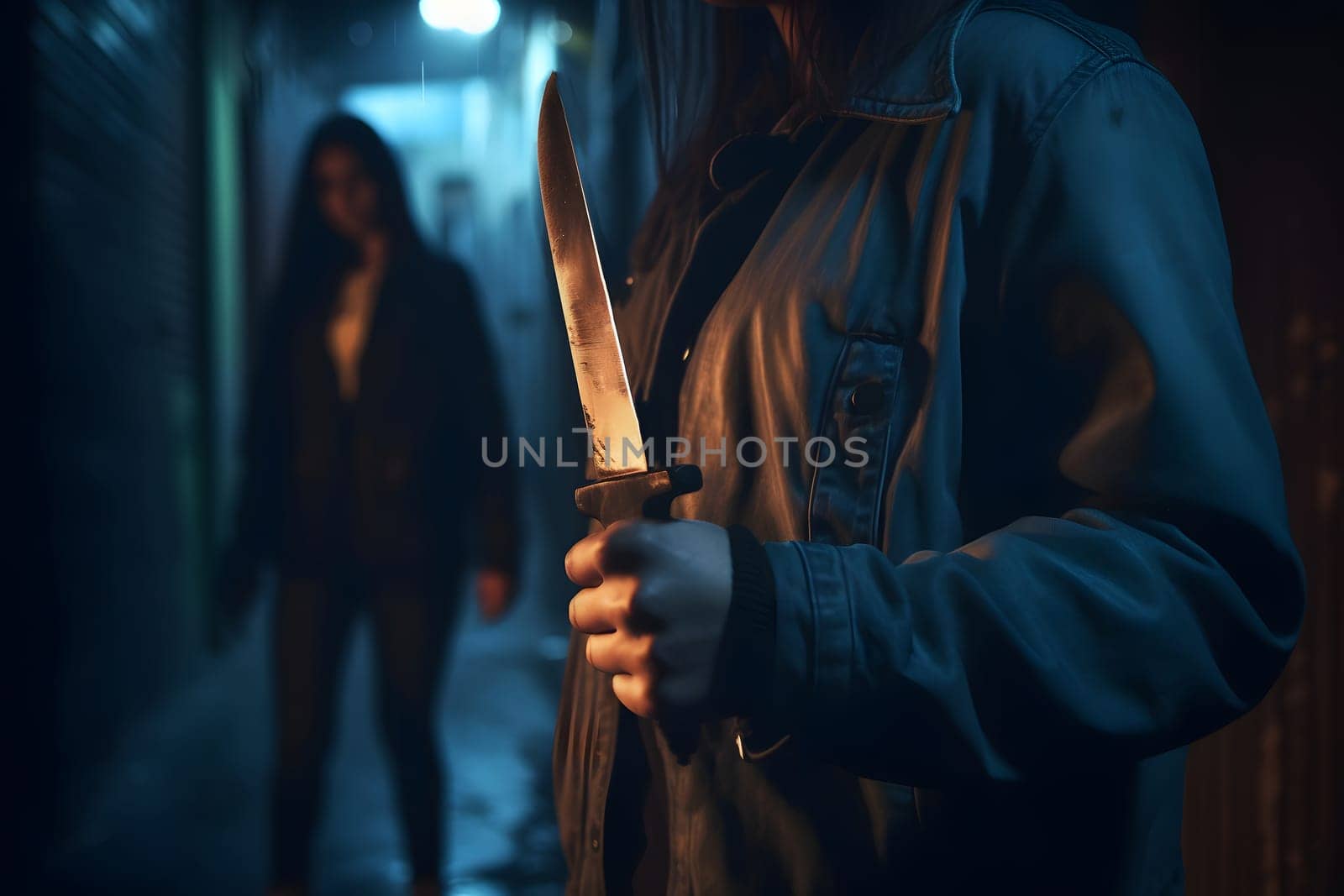 closeup view of of woman holding knife in hand in dark backalley. Neural network generated in May 2023. Not based on any actual person, scene or pattern.