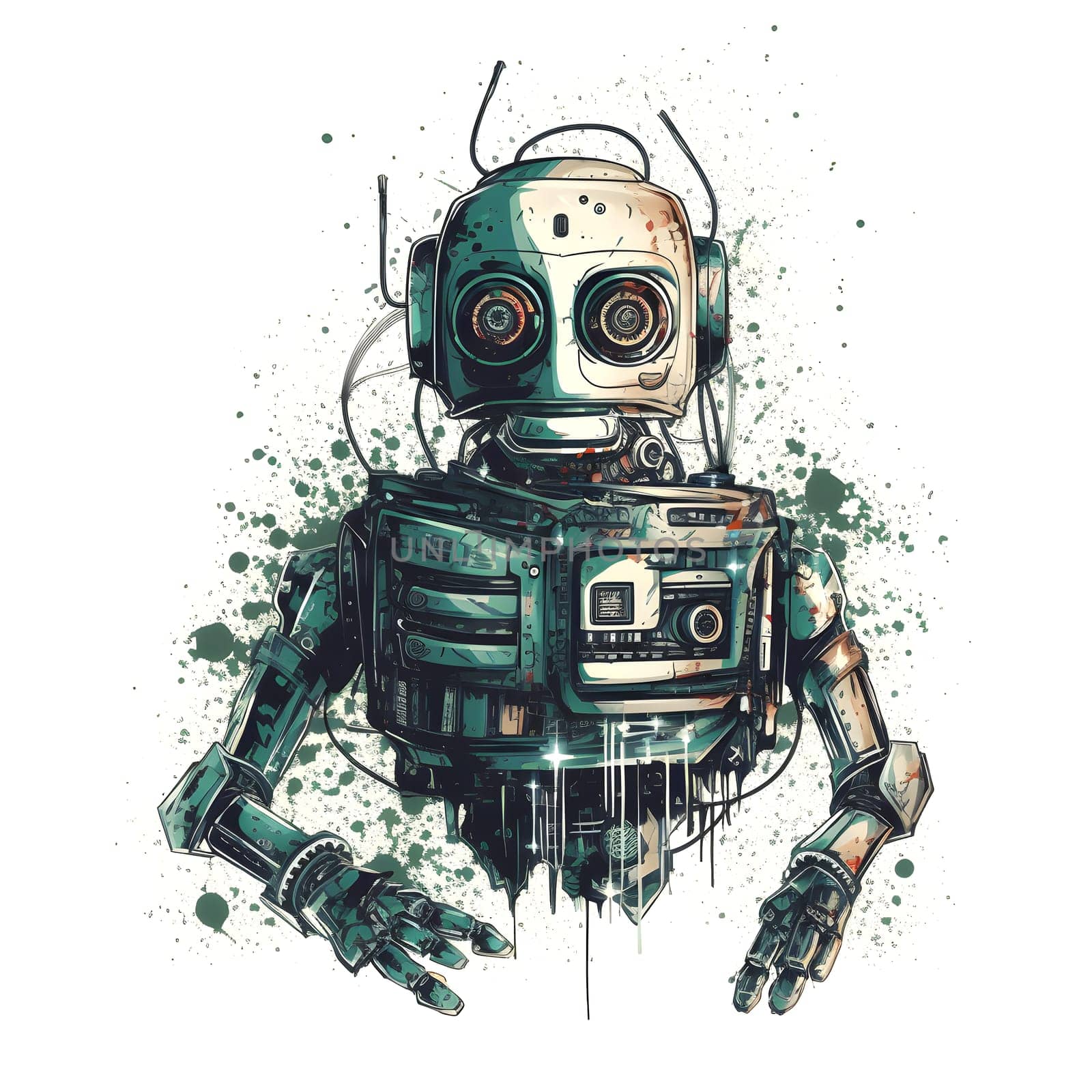 cool cartoonish robot for t-shirt print design on white background, neural network generated image by z1b