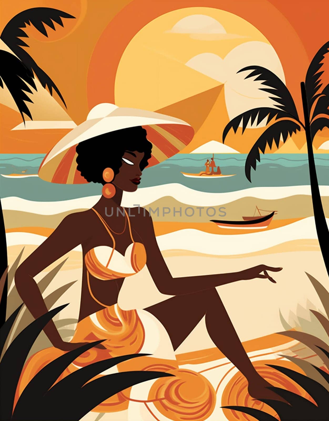 summer woman sun body relax hat young tropical concept ocean beige swim vacation water minimal girl beach black sexy tanned illustration. Generative AI.
