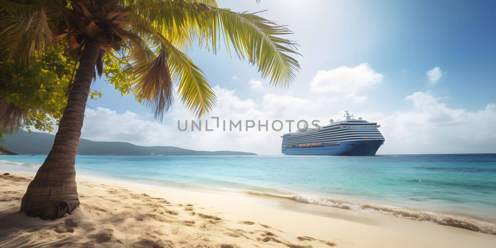 Large cruise liner in the background with a palm tree on white sand coral beach, neural network generated photorealistic image by z1b
