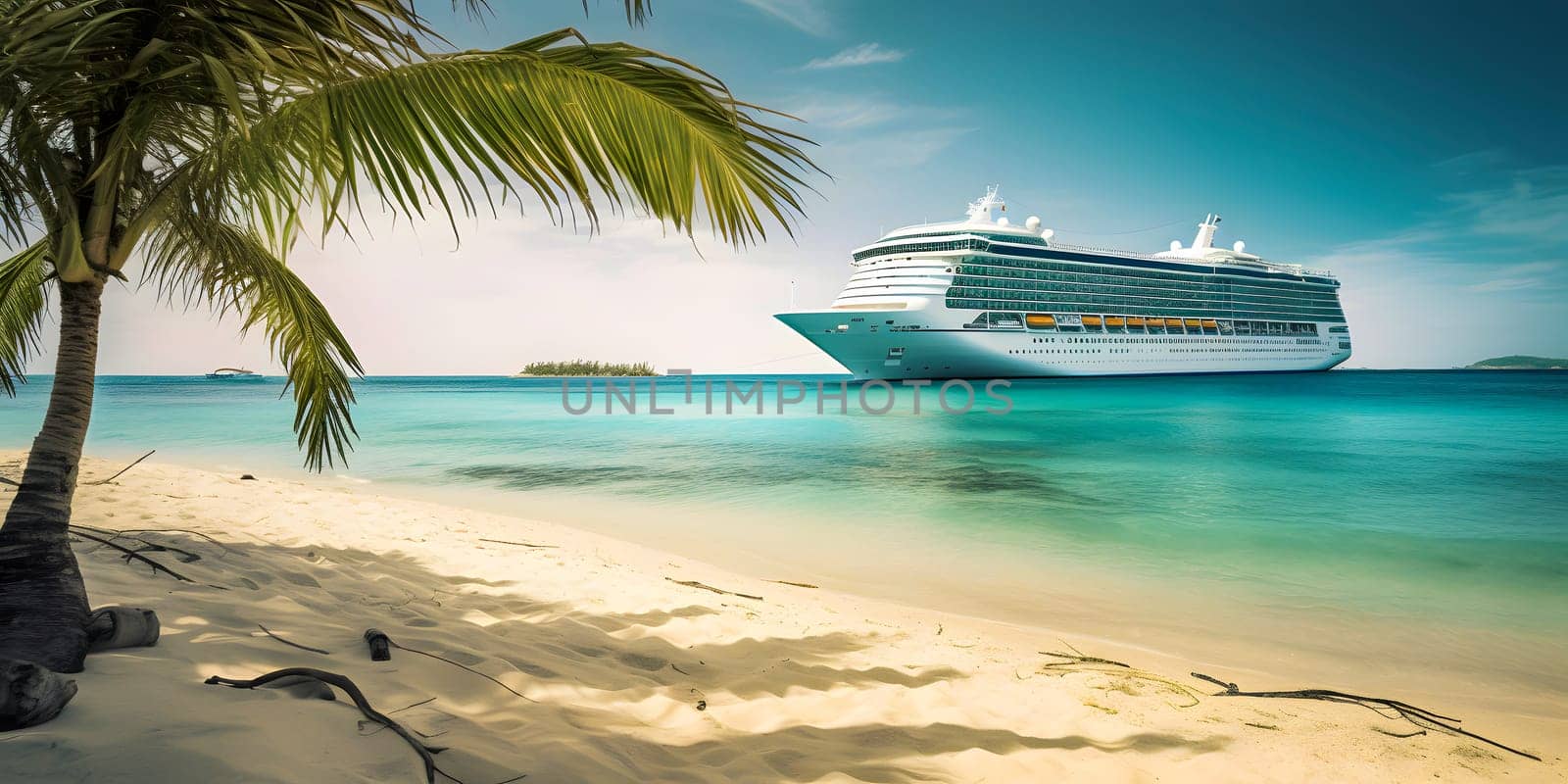 Large cruise liner in the background with a palm tree on white sand coral beach, neural network generated photorealistic image by z1b