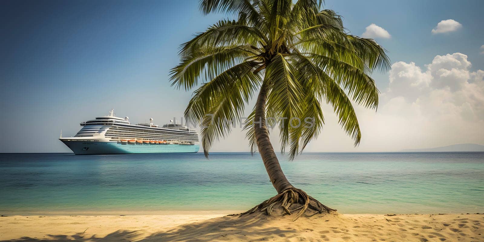 Large cruise liner in the background with a palm tree on white sand coral beach, neural network generated photorealistic image by z1b