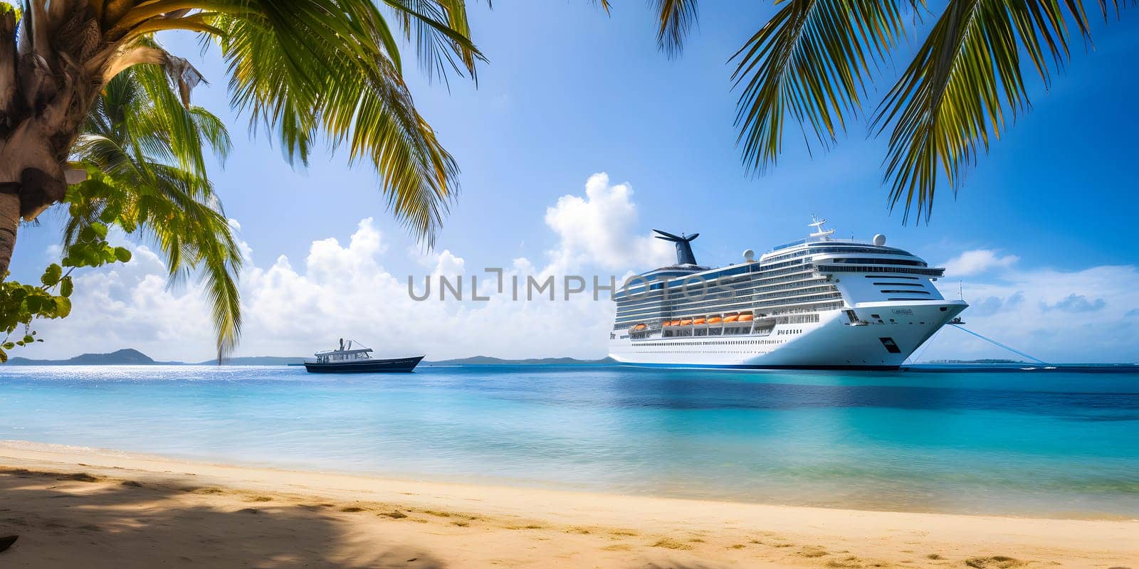 Large cruise liner in the background with a palm tree on white sand coral beach. Neural network generated in May 2023. Not based on any actual person, scene or pattern.