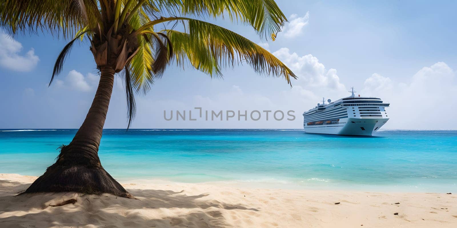 Large cruise liner in the background with a palm tree on white sand coral beach. Neural network generated in May 2023. Not based on any actual person, scene or pattern.