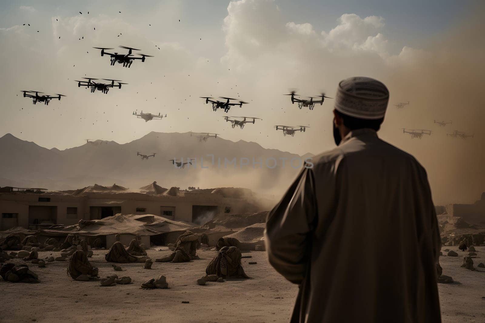 drone war - many military copter drones above middle-eastern city battlefield at daytime, neural network generated image by z1b