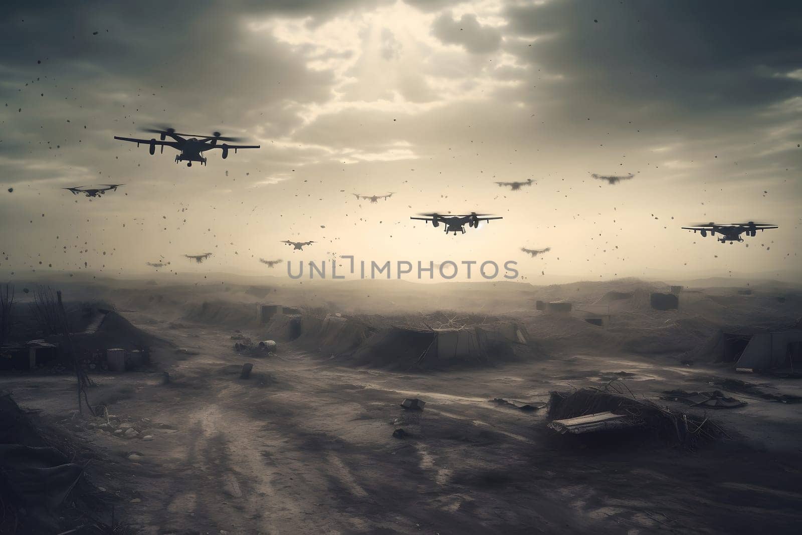 drone war - many military copter drones above middle-eastern city battlefield at daytime, neural network generated image by z1b