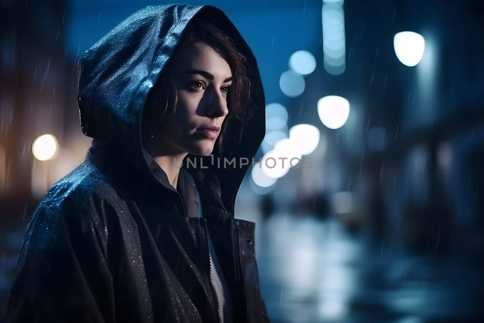 cinematic portrait of stranger on night street in thriller style. Neural network generated in May 2023. Not based on any actual person, scene or pattern.