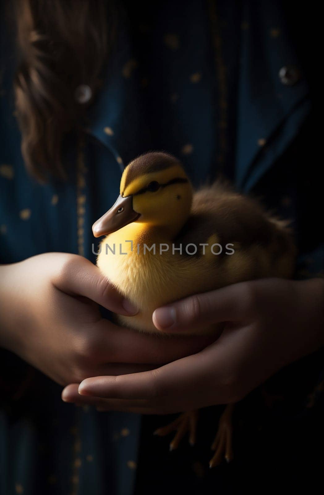 close-up farm child duckling bird little hand girl duck yellow. Generative AI. by Vichizh