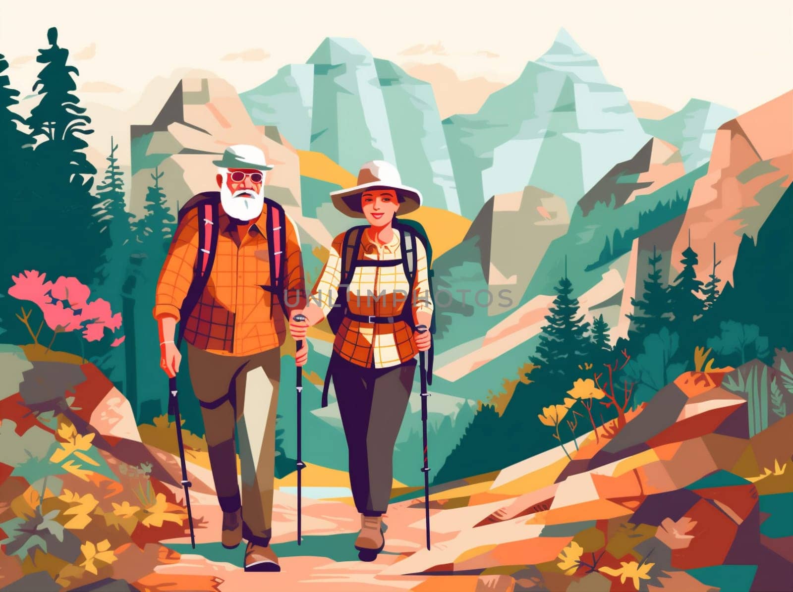 trekking happy elderly old couple grandfather walking active senior hiking. Generative AI. by Vichizh