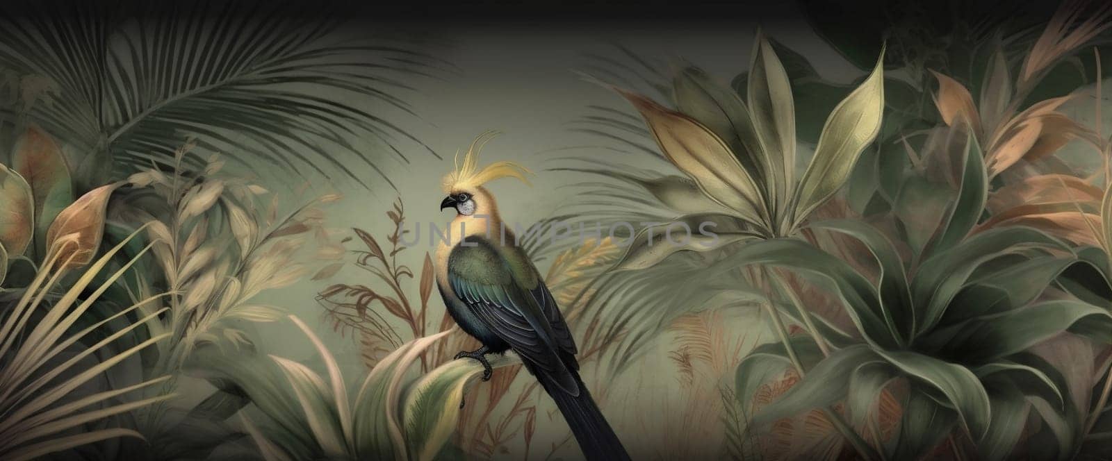 nature wallpaper flower art palm bird leaf exotic jungle tropical. Generative AI. by Vichizh