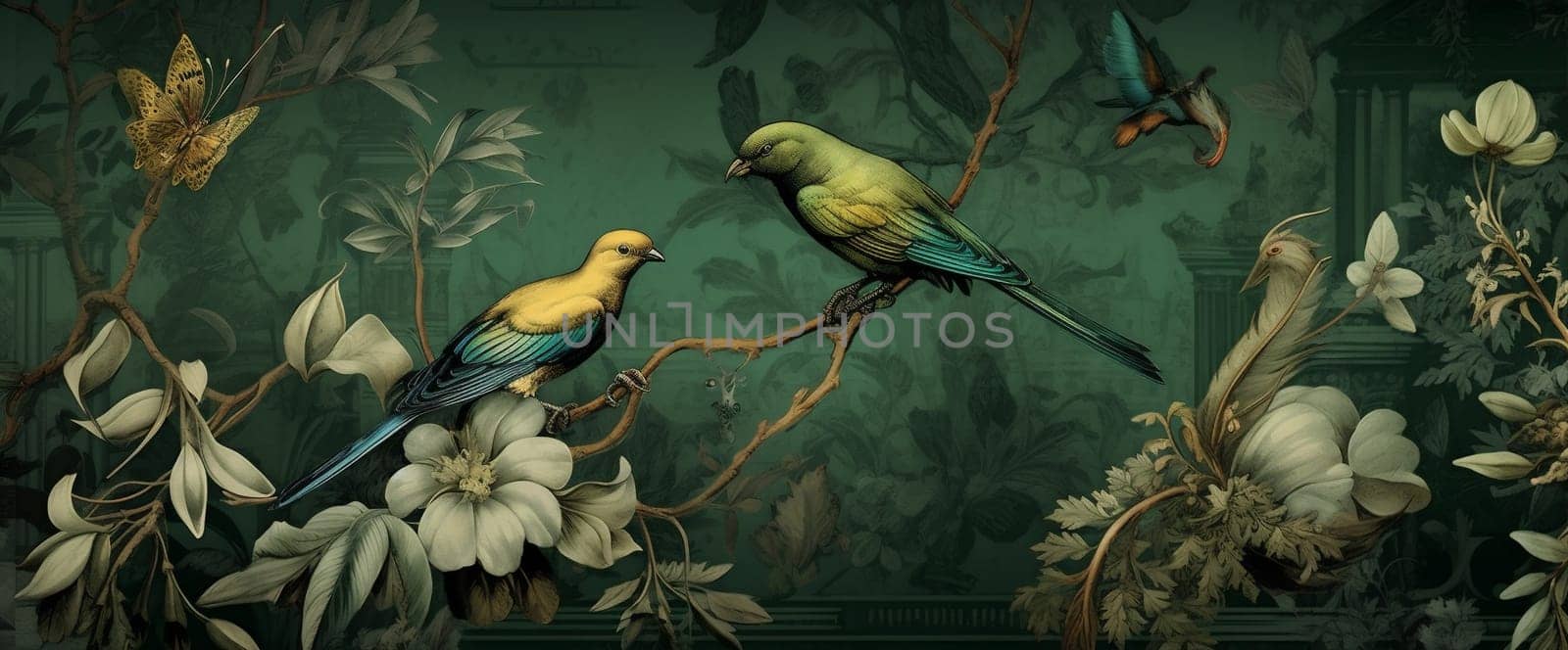 animal parrot flower flora exotic botanical tropical nature leaf plant palm bird summer abstract paradise isolated art jungle vintage wallpaper. Generative AI.