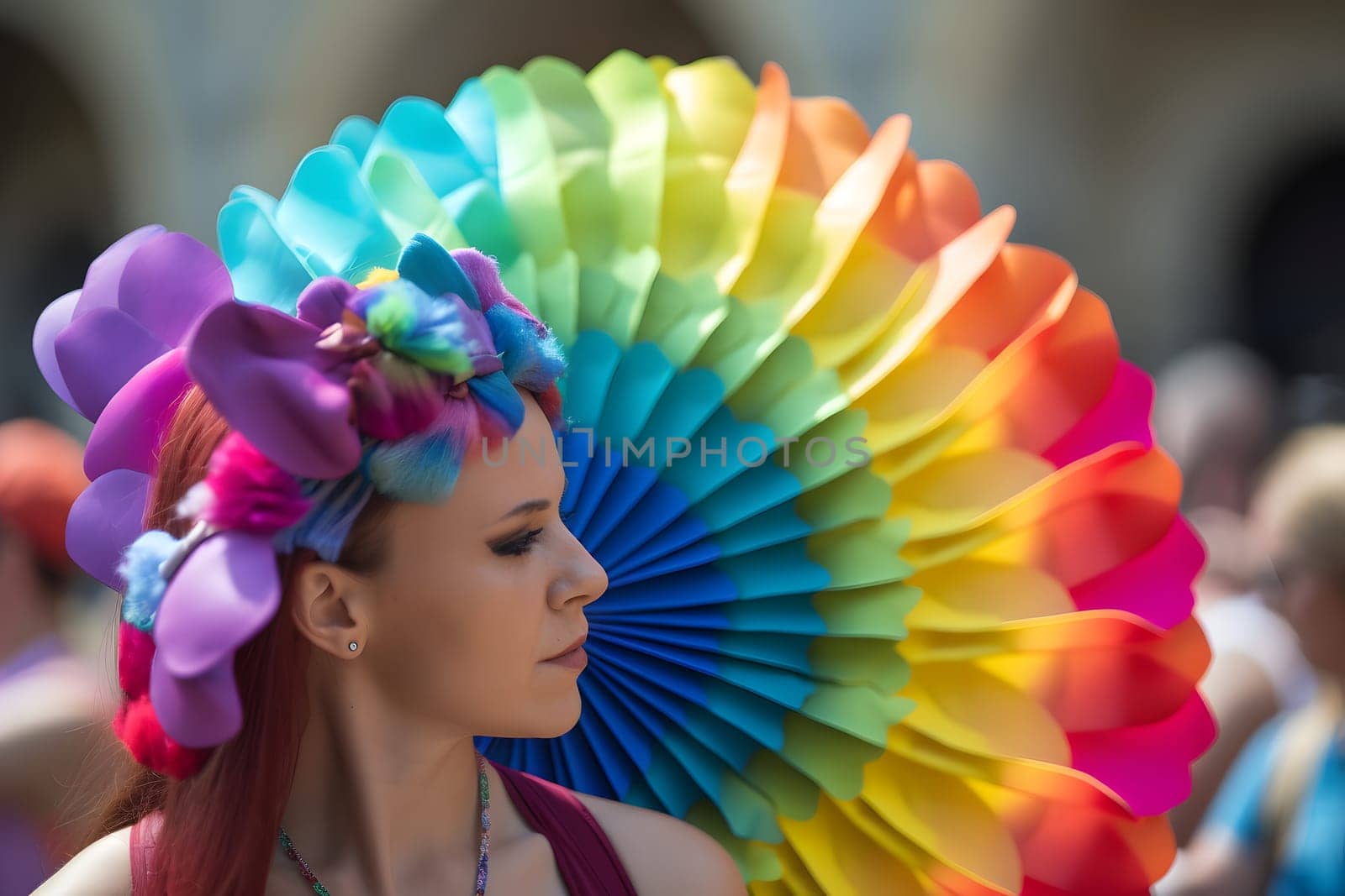 Adult caucasian woman with Colorful rainbow fan during gay pride parade in european city at daytime. Neural network generated in May 2023. Not based on any actual person, scene or pattern.