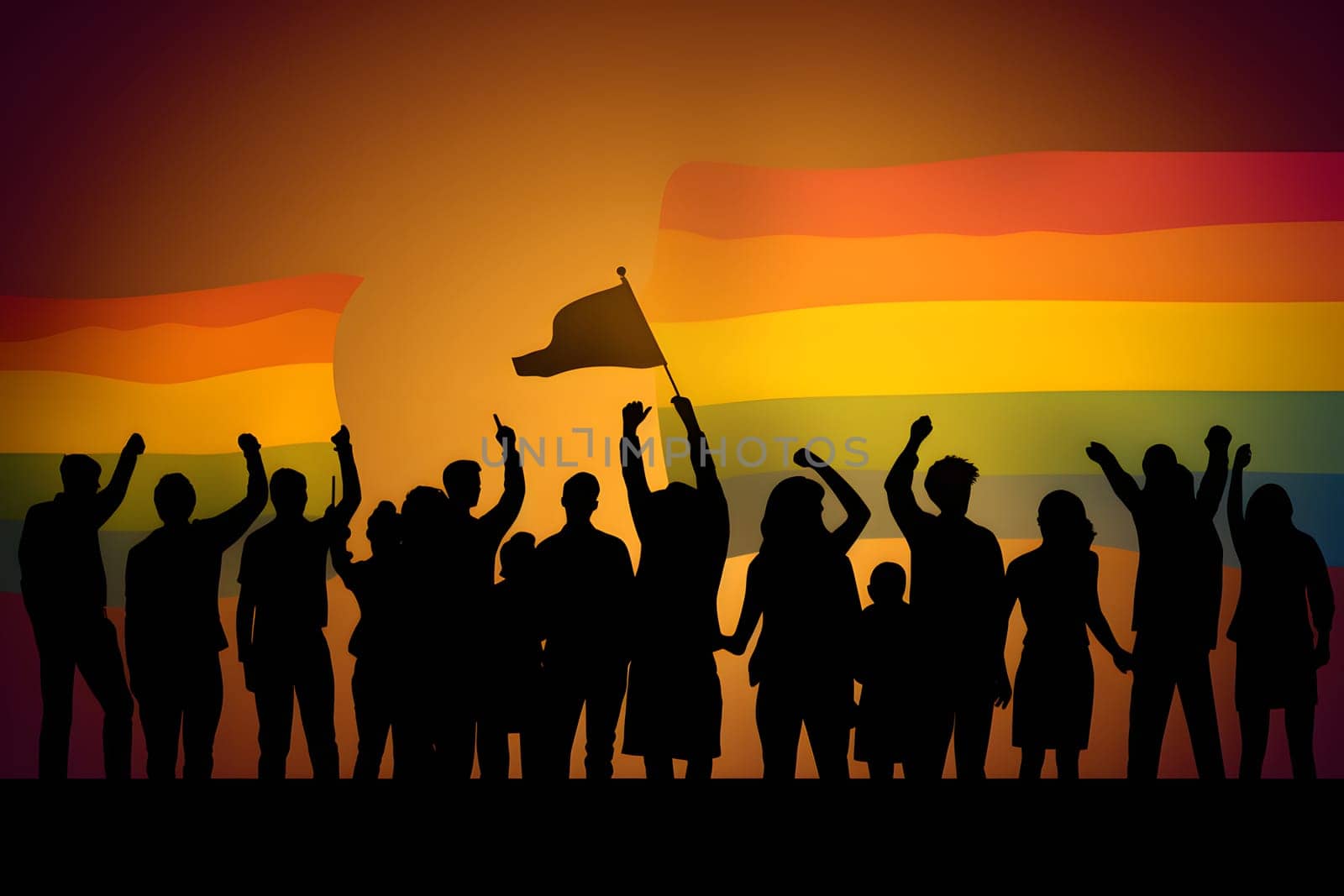 silhouettes of people group raising LGBT flag with their hand in the air, neural network generated image by z1b