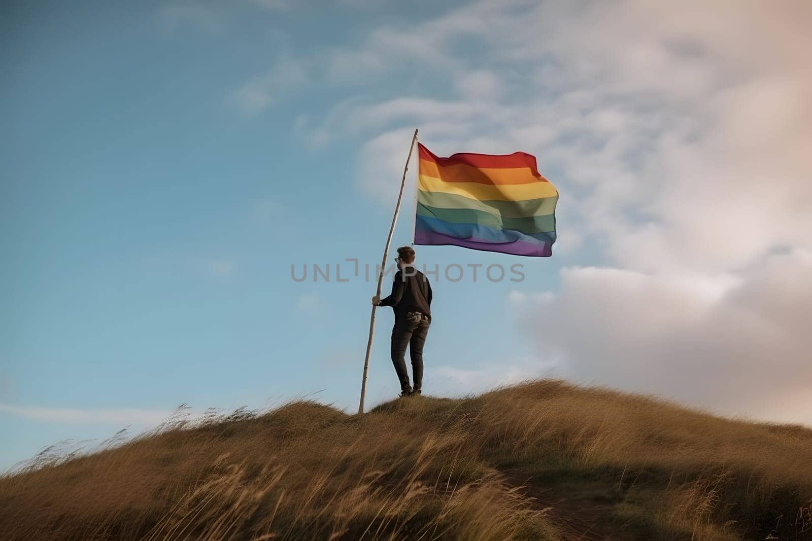 person standing on top of the hill and holding the LGBT pride flag. Neural network generated in May 2023. Not based on any actual person, scene or pattern.