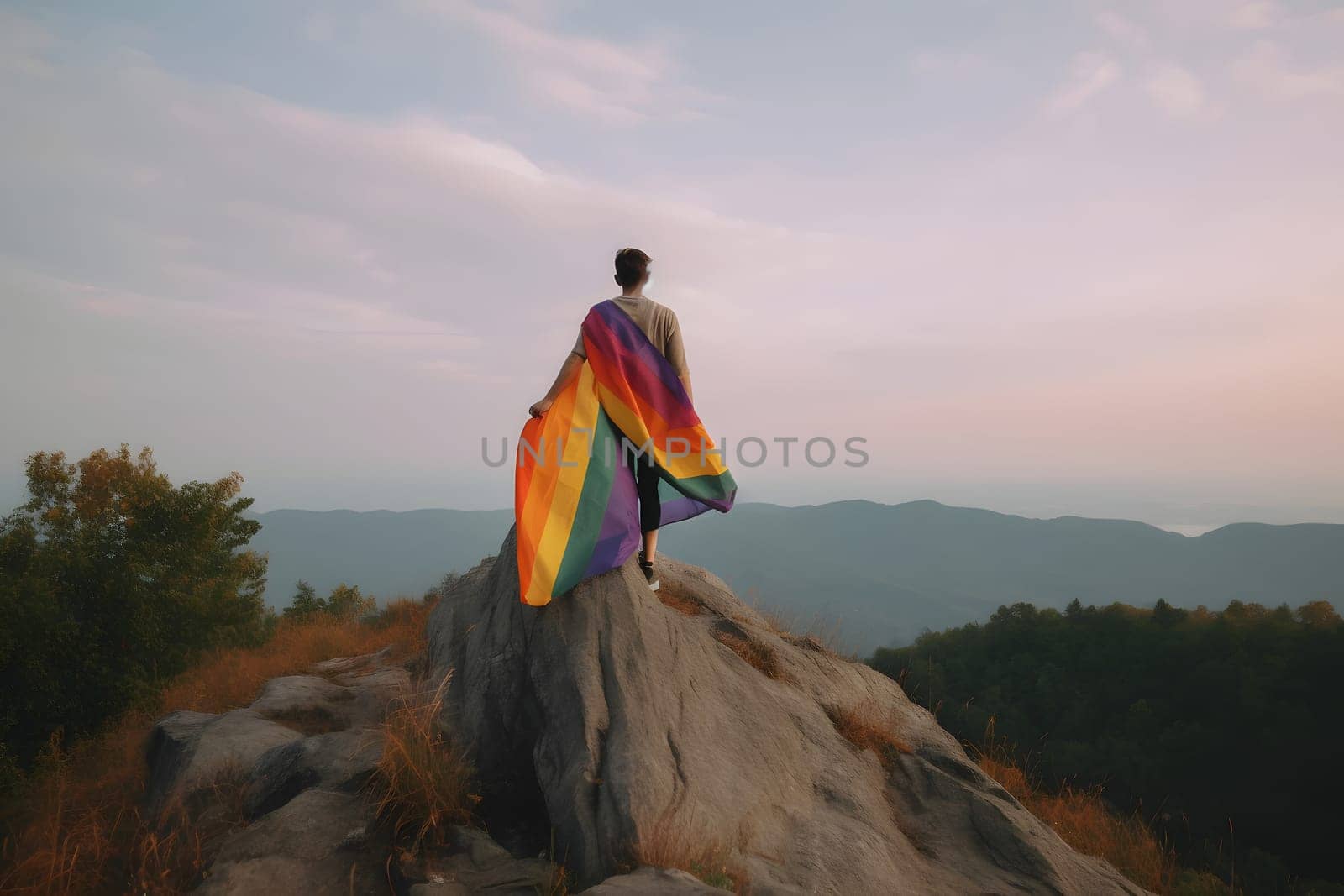 person standing on top of the hill and holding the LGBT pride flag. Neural network generated in May 2023. Not based on any actual person, scene or pattern.