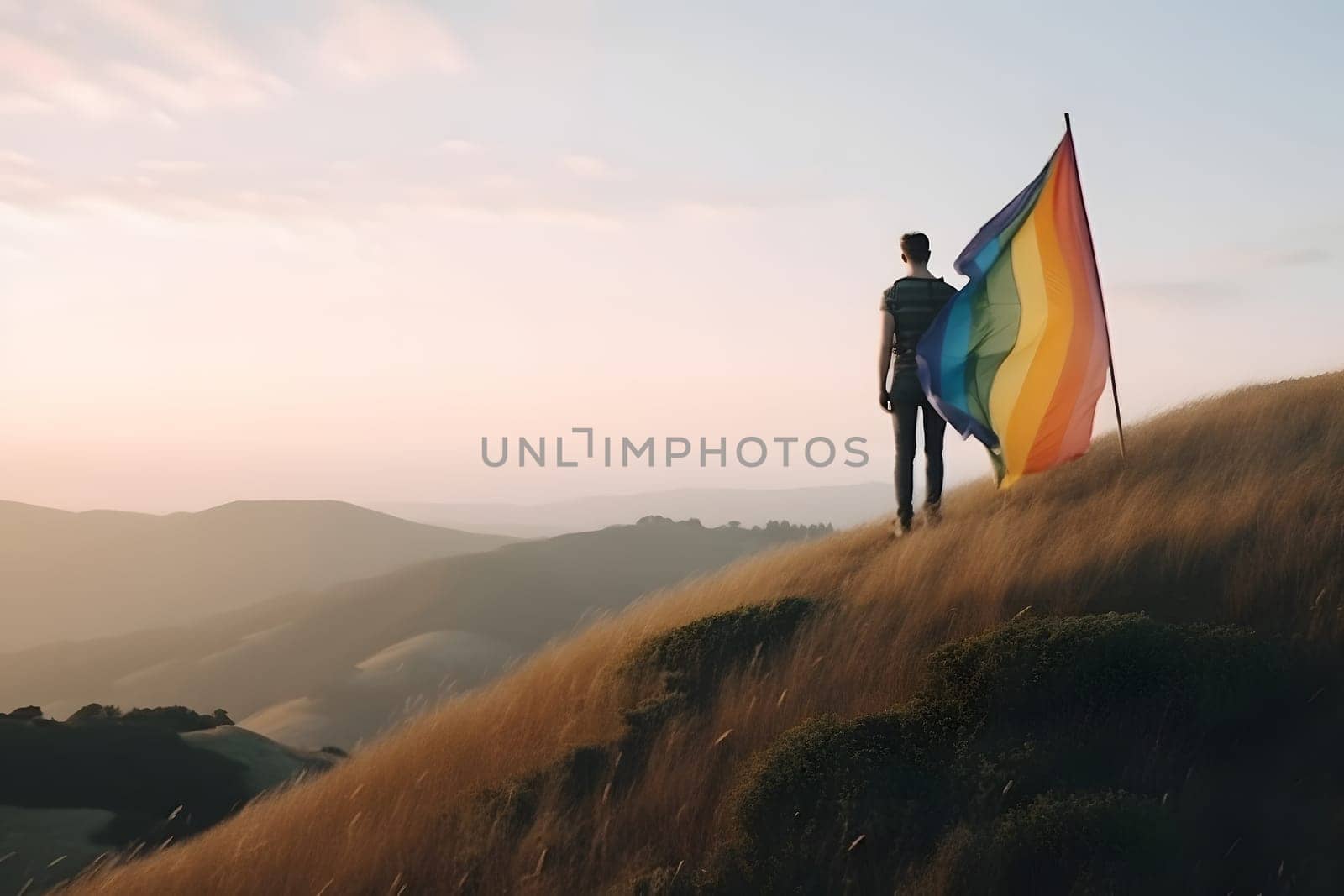 person standing on top of the hill and holding the LGBT pride flag. Neural network generated in May 2023. Not based on any actual person, scene or pattern.