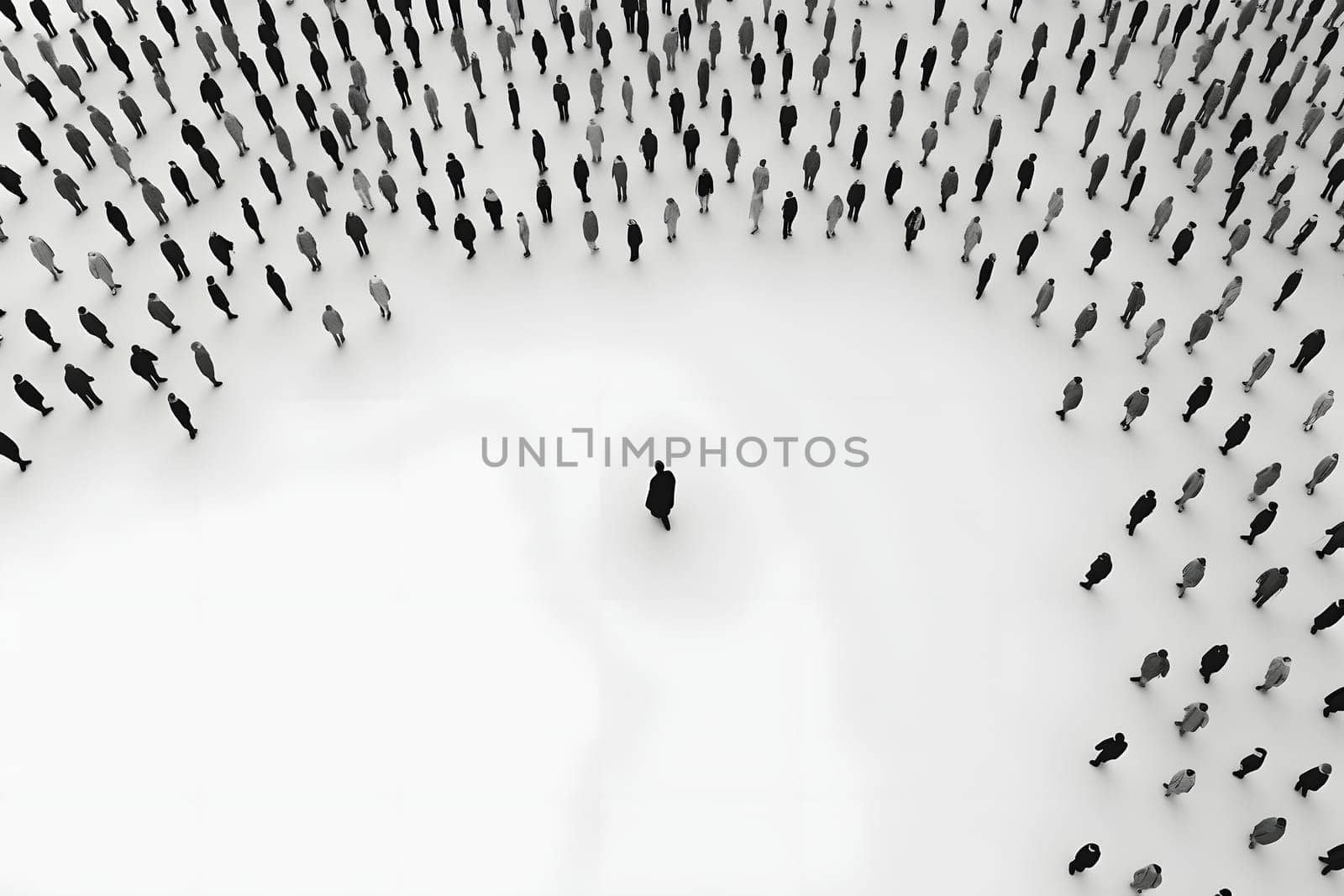 big crowd of people on white background on distance around one individual. Neural network generated in May 2023. Not based on any actual person, scene or pattern.