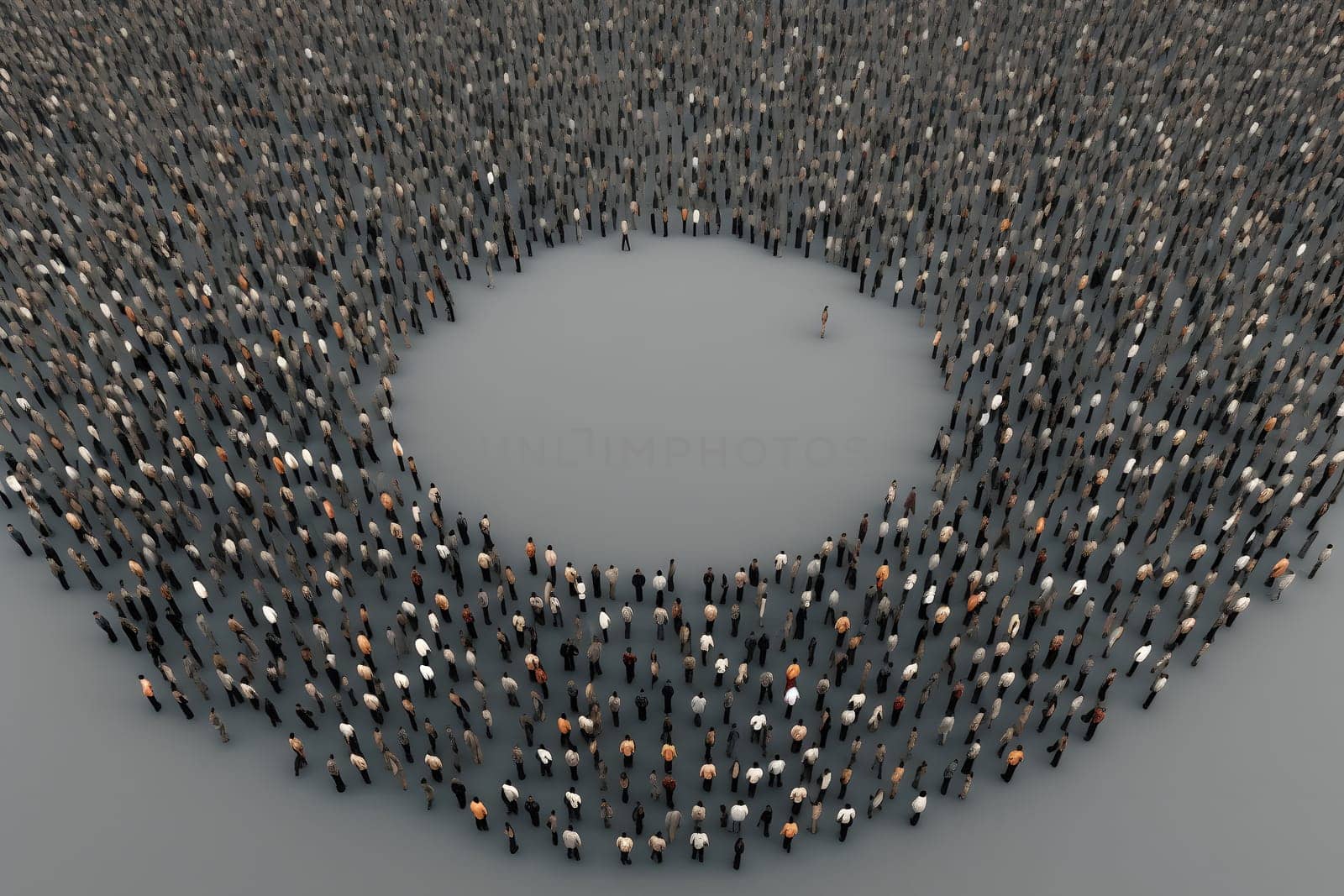 big crowd of people on grey background with circular clean region inside. Neural network generated in May 2023. Not based on any actual person, scene or pattern.