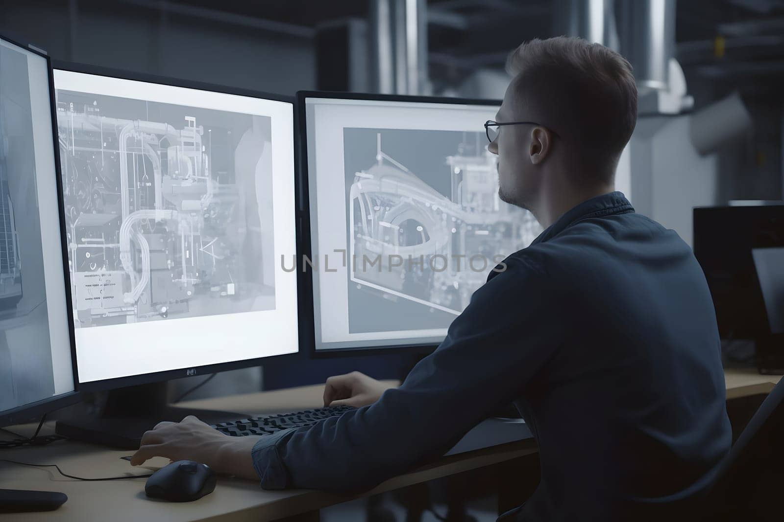 Over the Shoulder view of an Engineer Working with CAD Software using three large computer screens. Neural network generated in May 2023. Not based on any actual person, scene or pattern.