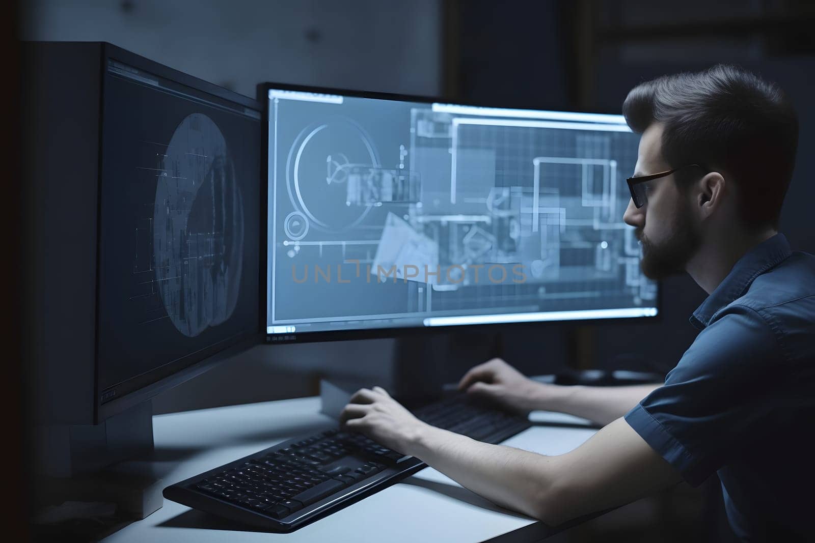 Over the Shoulder view of an Engineer Working with CAD Software using two large computer screens. Neural network generated in May 2023. Not based on any actual person, scene or pattern.