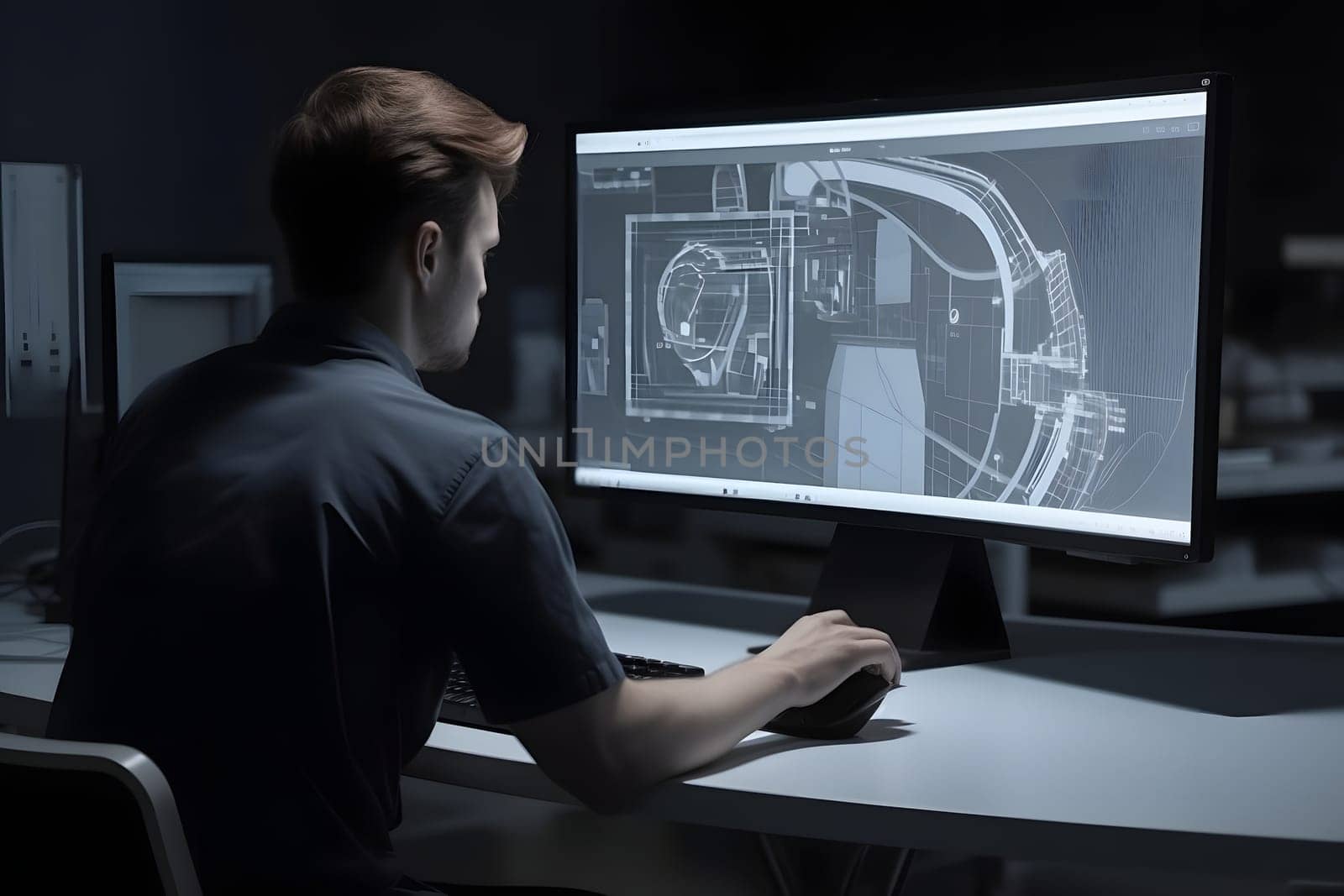 Over the Shoulder view of an Engineer Working with CAD Software using large computer screen. Neural network generated in May 2023. Not based on any actual person, scene or pattern.