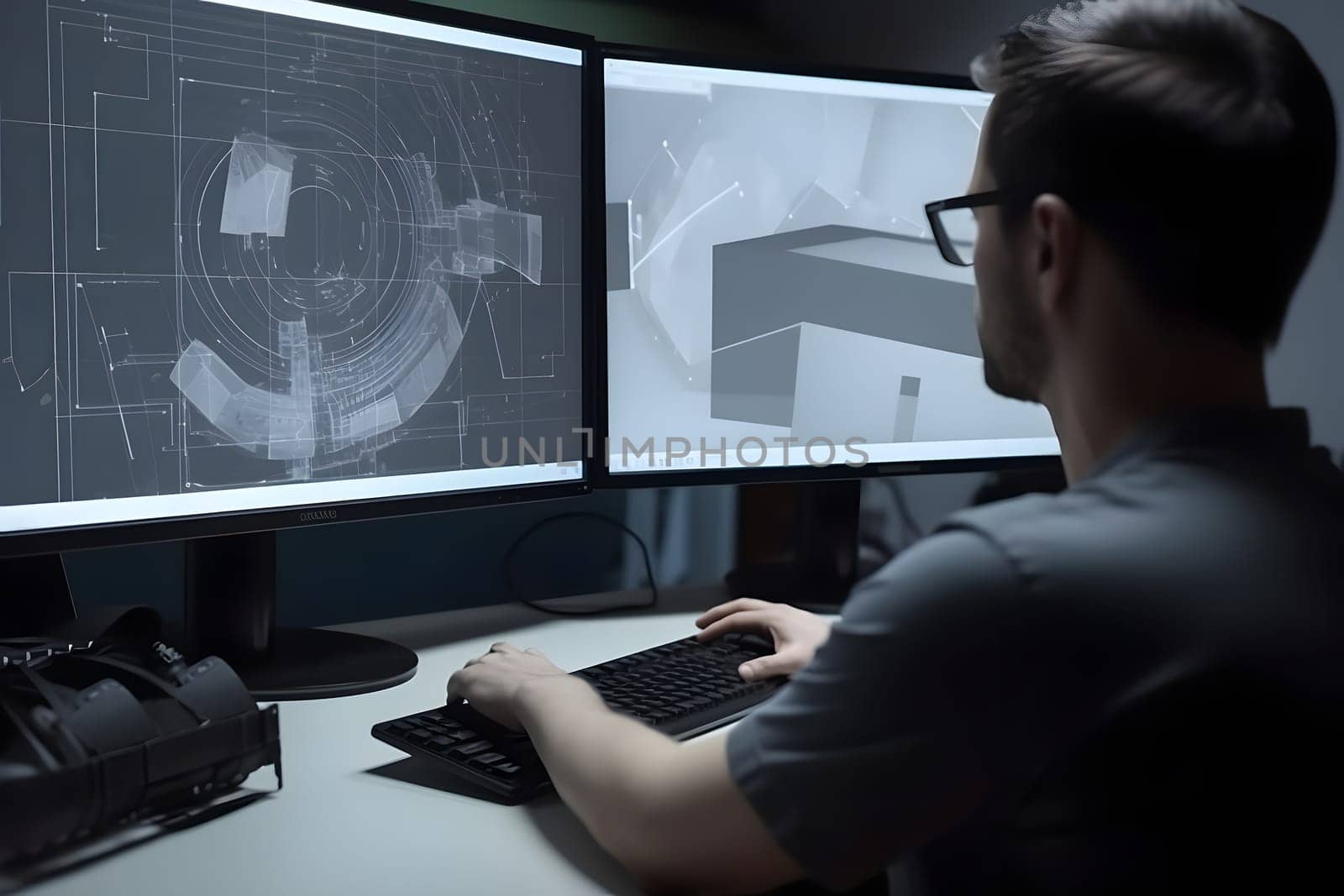 Over the Shoulder view of an Engineer Working with CAD Software using two large computer screens. Neural network generated in May 2023. Not based on any actual person, scene or pattern.