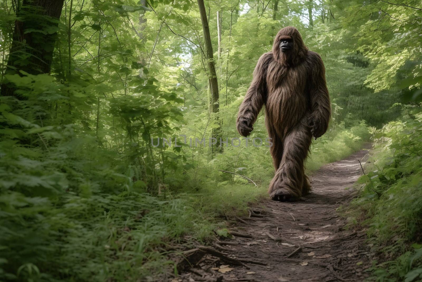 bigfoot in the woods walking at day time, neural network generated photorealistic image by z1b