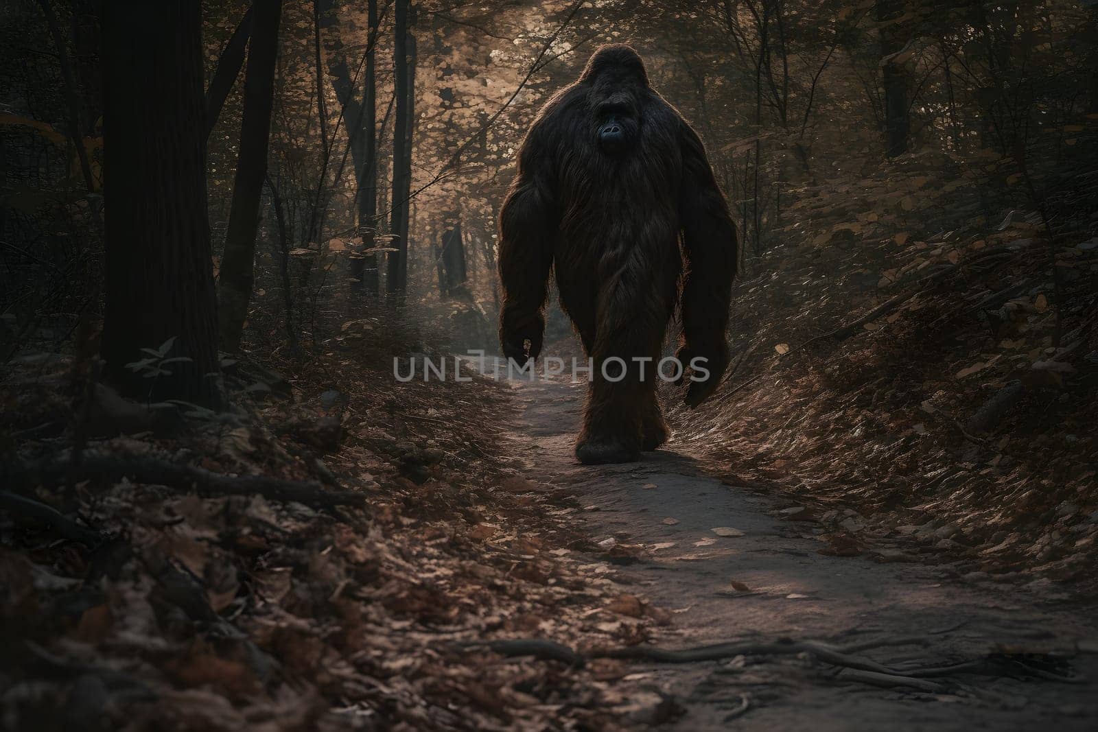 bigfoot in the woods walking at day time, neural network generated photorealistic image by z1b