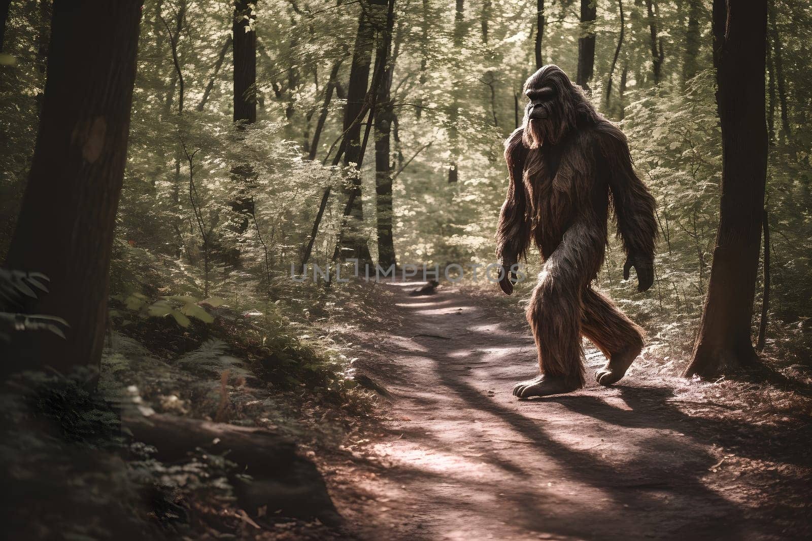 bigfoot in the woods walking at day time, neural network generated photorealistic image by z1b
