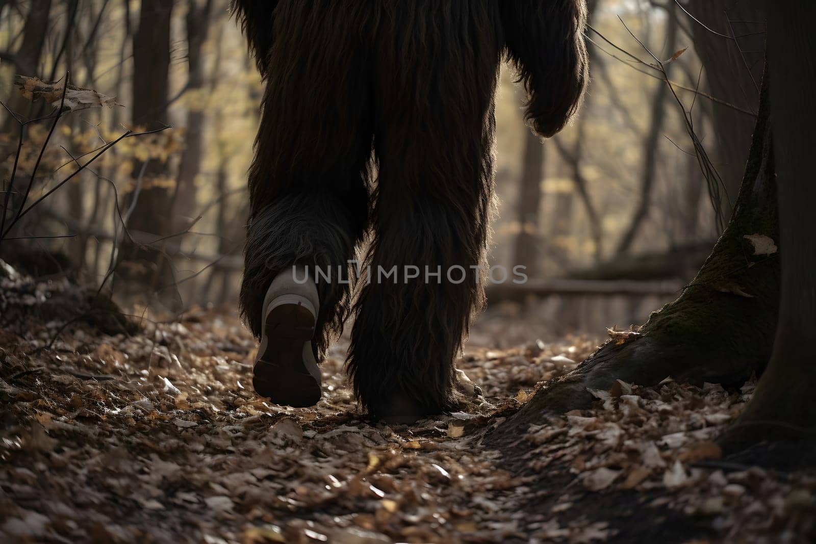 bigfoot in the woods walking at day time. Neural network generated in May 2023. Not based on any actual person, scene or pattern.