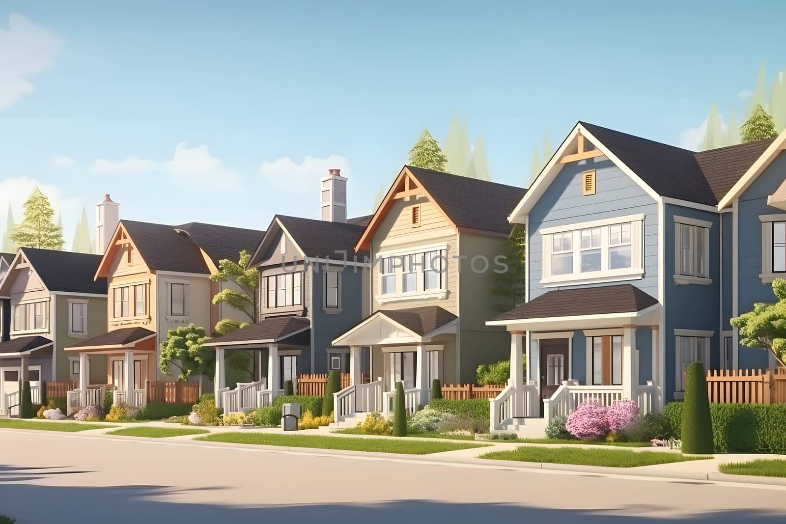 Perfect American neighborhood. Houses in suburban area at summer day. Neural network generated in May 2023. Not based on any actual person, scene or pattern.