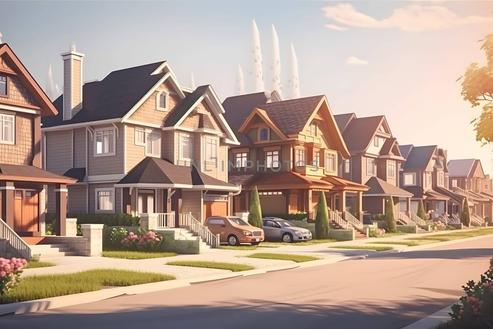 Perfect American neighborhood. Houses in suburban area at summer day. Neural network generated in May 2023. Not based on any actual person, scene or pattern.