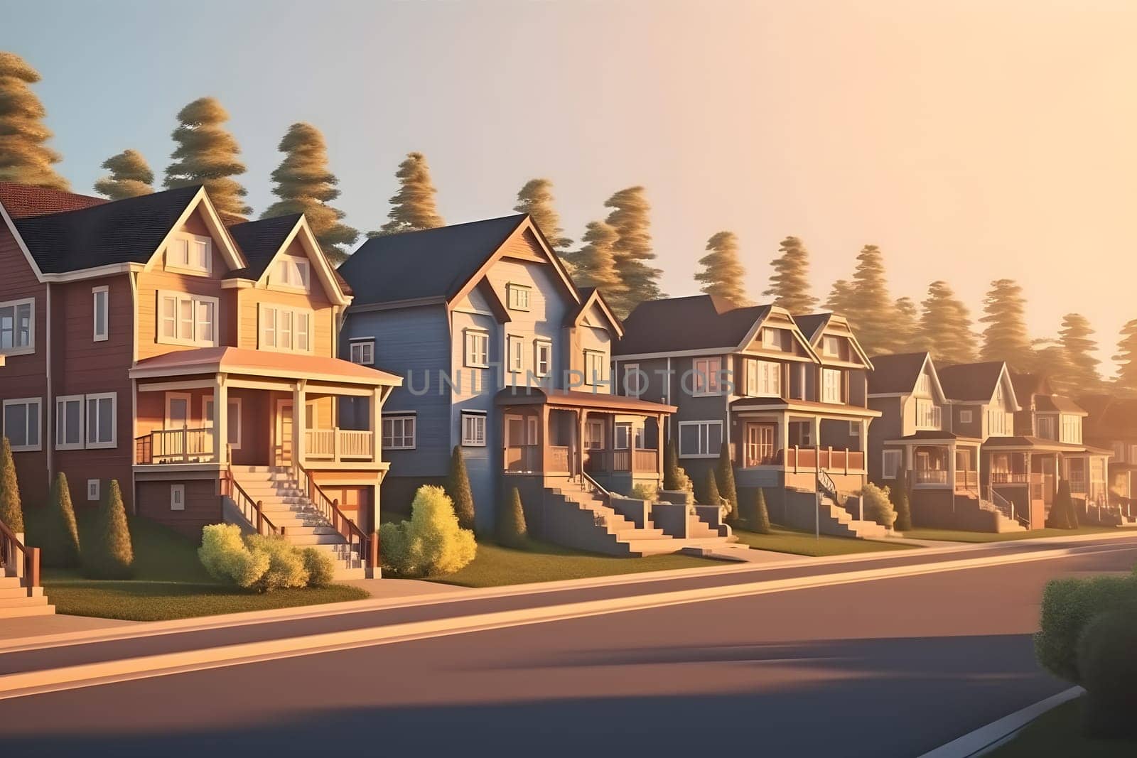 Perfect American neighborhood. Houses in suburban area at summer day. Neural network generated in May 2023. Not based on any actual person, scene or pattern.