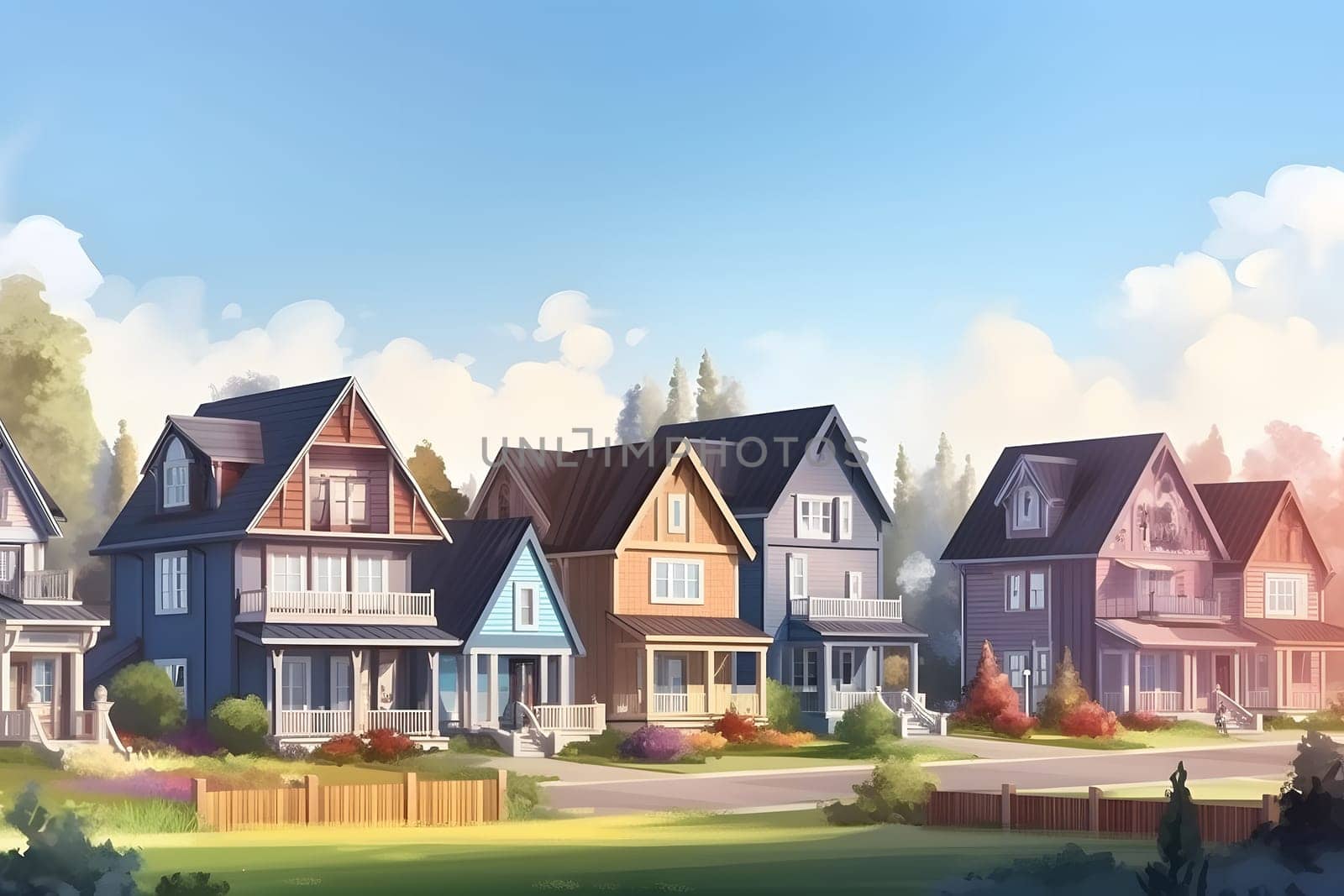 Perfect American neighborhood. Houses in suburban area at summer day. Neural network generated in May 2023. Not based on any actual person, scene or pattern.