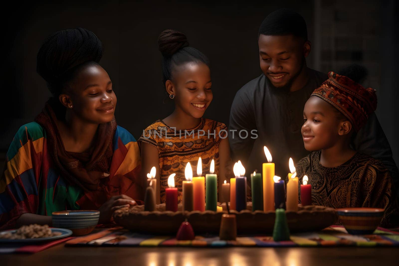 african family celebrates Kwanzaa with colored candles indoors. Neural network generated in May 2023. Not based on any actual person, scene or pattern.